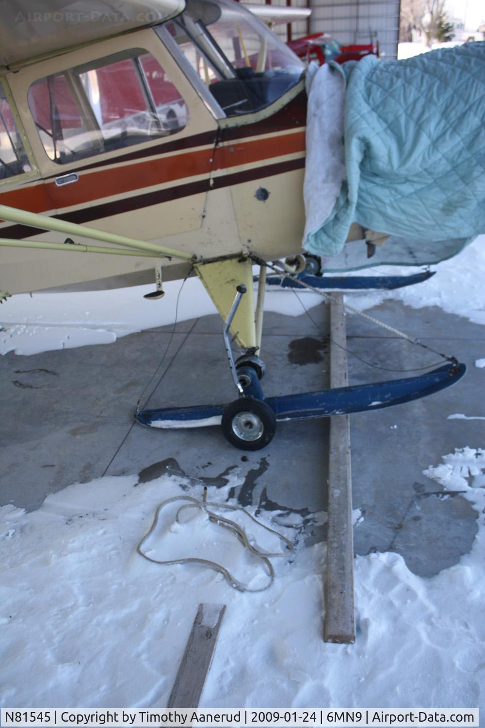 N81545, 1945 Aeronca 7AC Champion C/N 7AC-164, Wheels are attached to a fitting on skis to help get the aircraft in and out of the hangar.