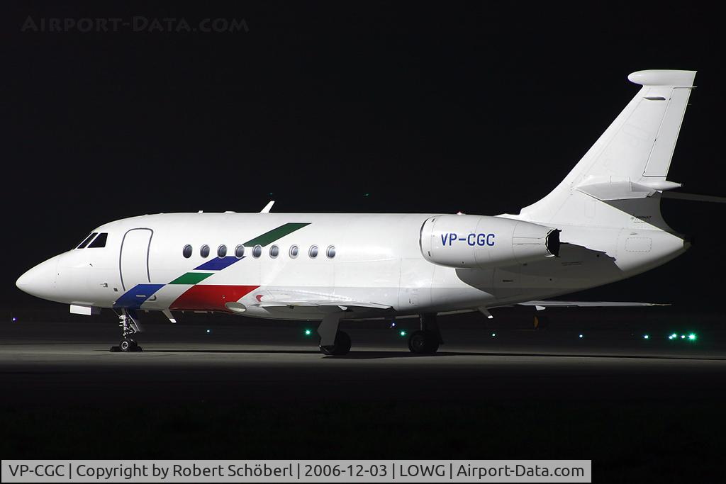 VP-CGC, 2000 Dassault Falcon 2000 C/N 107, Nightstop at LOWG