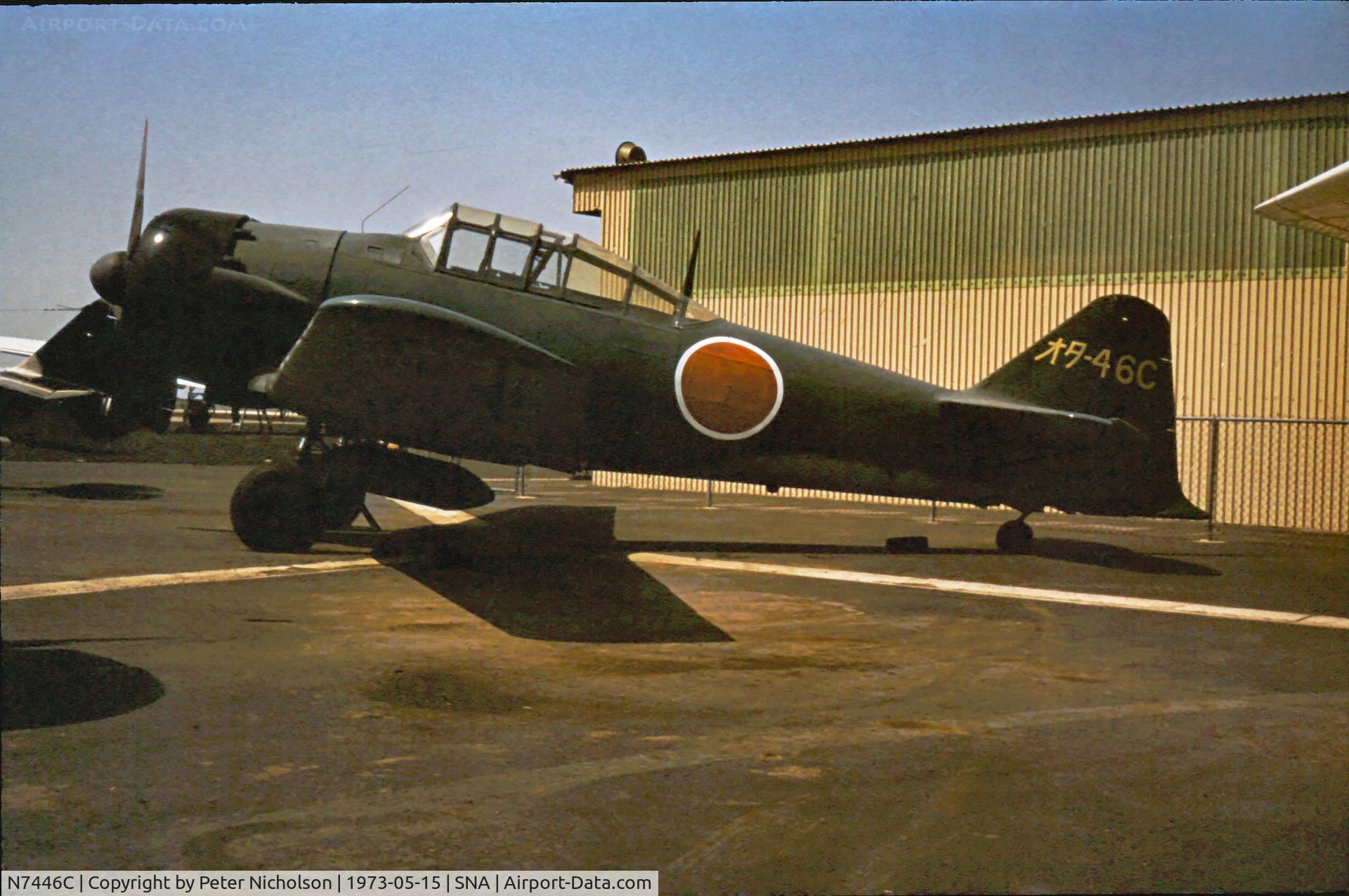 N7446C, North American AT-6F C/N 12142541, In 1973 this Texan had been modified as a A6M2 Zero for filming and was part of the Tallmantz Collection at Orange County Airport.