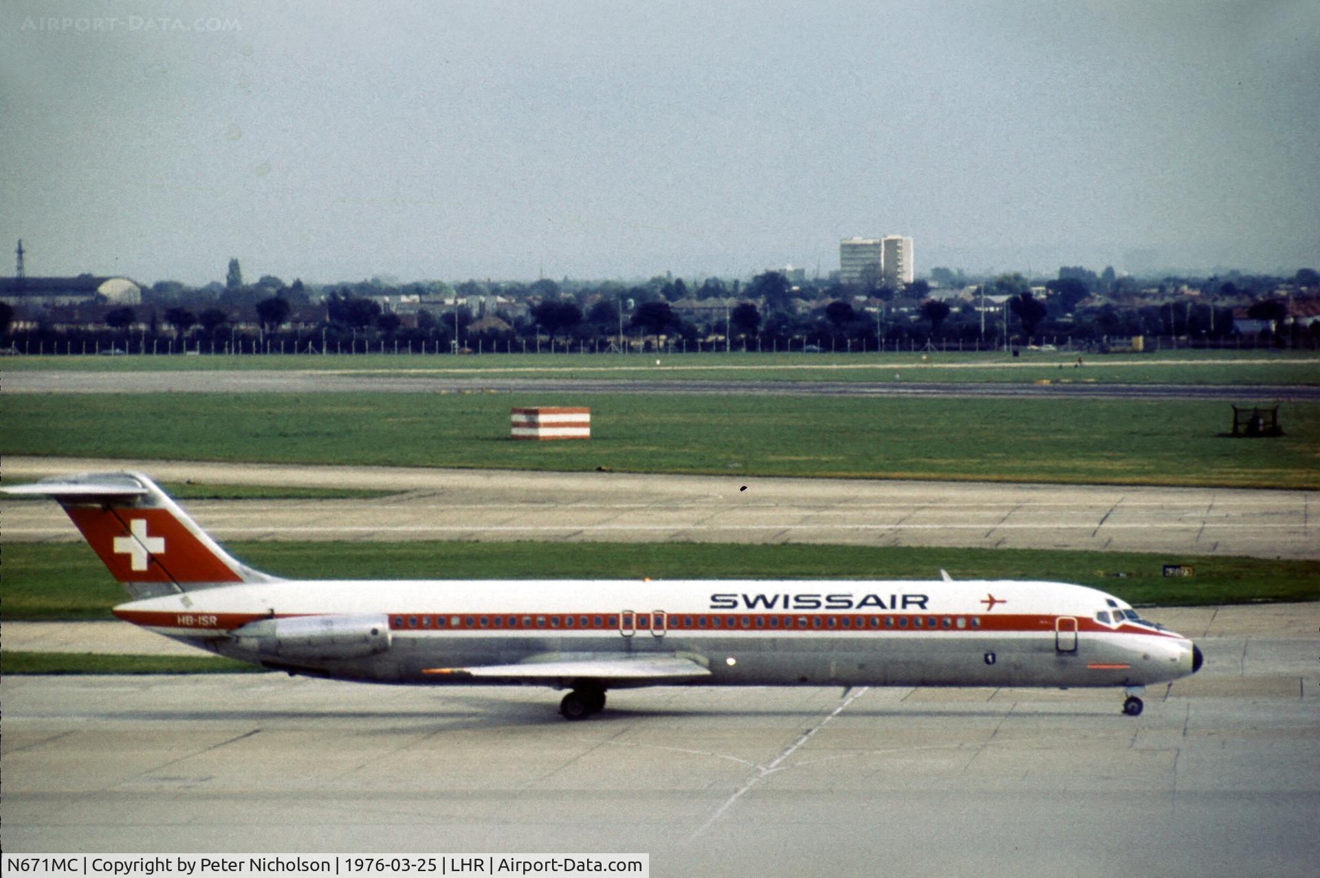N671MC, 1976 Douglas DC-9-51 C/N 47660, In 1976 this DC-9 was in service as HB-ISR and named Locarno with Swissair as shown at London Heathrow.