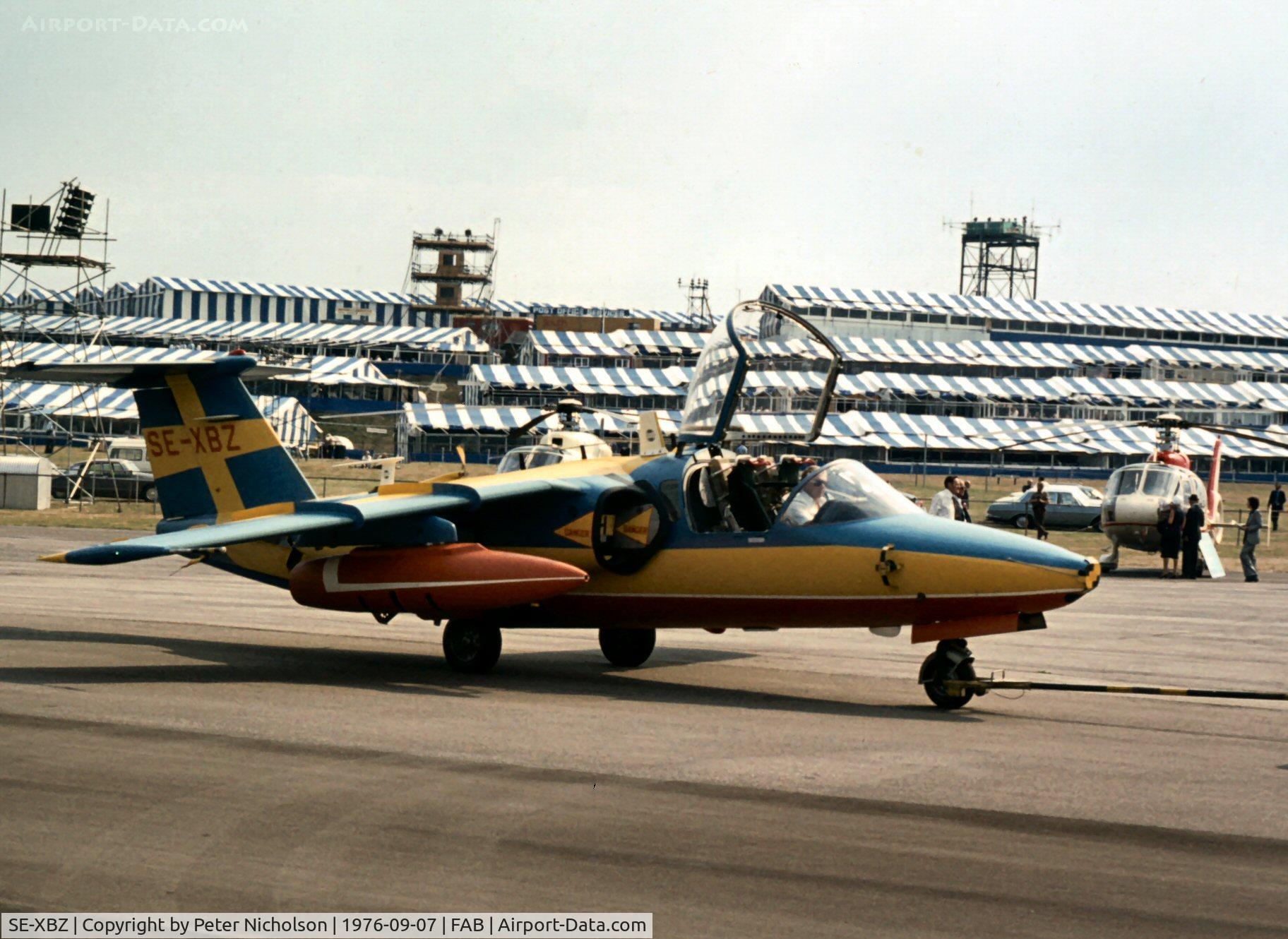 SE-XBZ, 1964 Saab 105XT C/N 105-2, This demonstrator was displayed at the 1976 Farnborough Airshow and is now with Svedinos Museum, Ugglarp, Sweden.