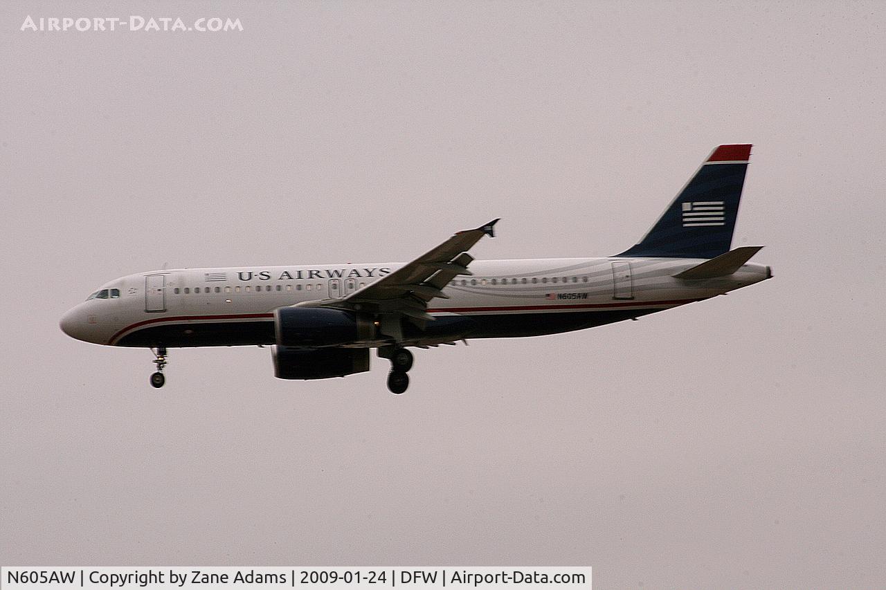 N605AW, 1997 Airbus A320-232 C/N 543, US Airways landing at DFW on a cold gray day.