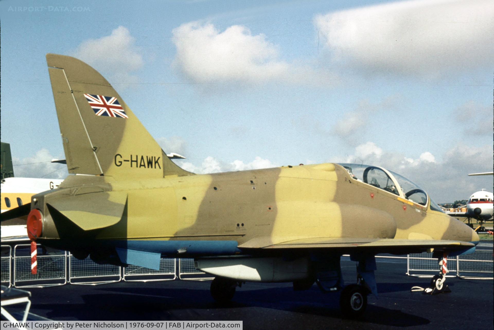 G-HAWK, 1976 Hawker Siddeley Hawk T.1 C/N 41H-4020010, This aircraft was the company demonstrator as displayed at the 1976 Farnborough Airshow. The military registration ZA 101 is used when G-HAWK is on warlike exercises.