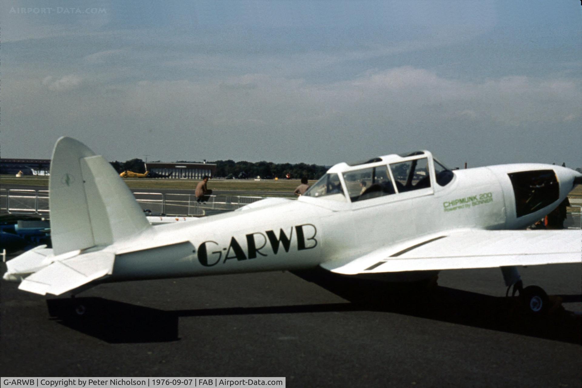 G-ARWB, 1952 De Havilland DHC-1 Chipmunk 22A C/N C1/0621, This Aero Bonner Chipmunk was displayed at the 1976 Farnborough Airshow.