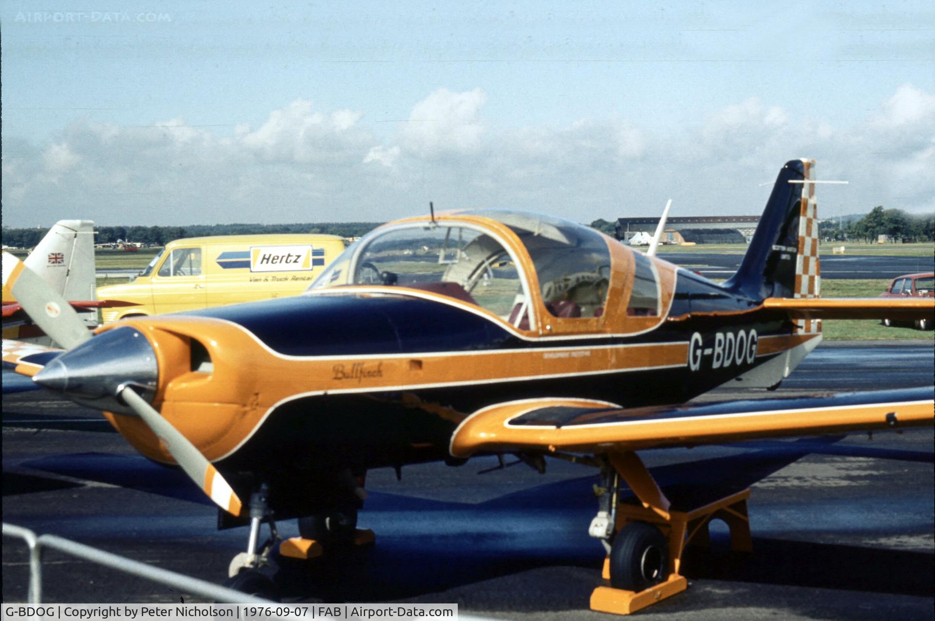 G-BDOG, 1976 Scottish Aviation Bulldog 200 C/N BH200/381, Marketed as the Bullfinch at the 1976 Farnborough Airshow.