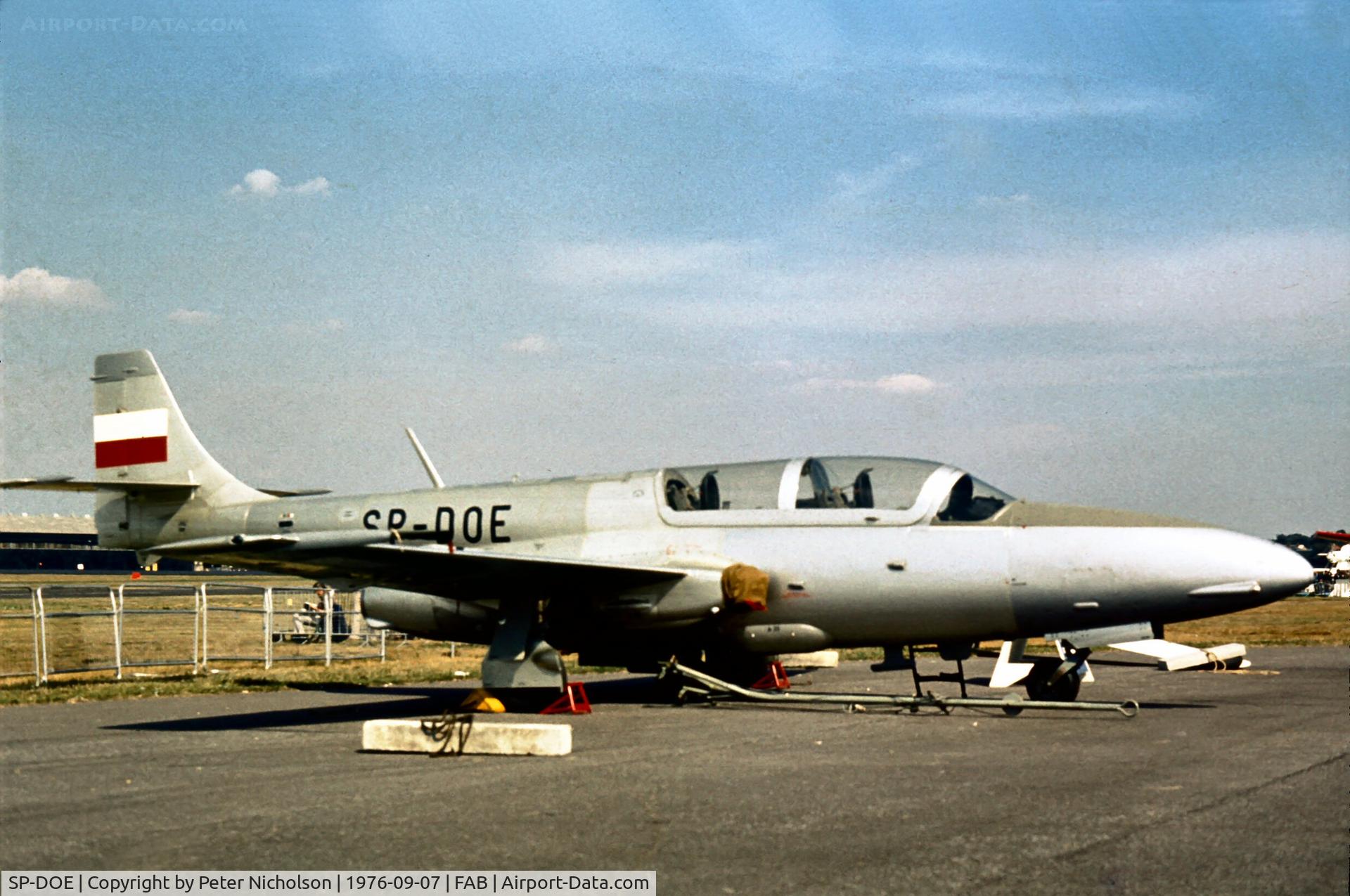 SP-DOE, PZL-Mielec TS-11 Iskra C/N 5H-1606, As displayed at the 1976 Farnborough Airshow.