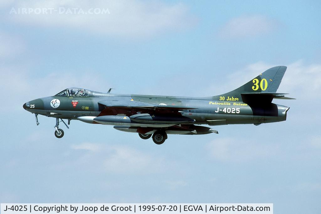 J-4025, 1959 Hawker Hunter F.58 C/N 41H-697394, In 1994 the Hunter was wfu by the Swiss AF. In 1995 this Hunter was presented to the RAFBF. this was its very last Swiss flight.