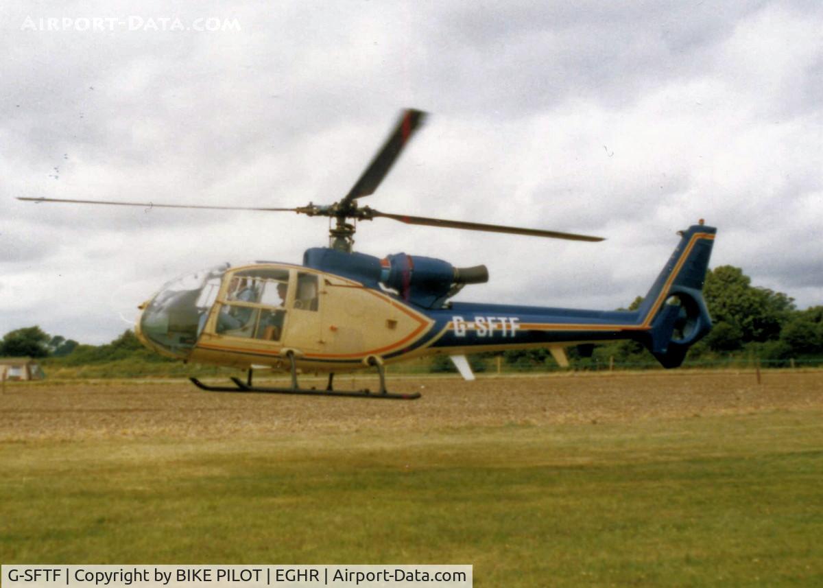 G-SFTF, 1975 Aérospatiale SA-341G Gazelle C/N 1262, SEEN AT GOODWOOD AIRSHOW 1986, DURING THE DAY I TOOK A SHORT RIDE IN THIS A/C SITTING IN THE REAR SEAT IN THE MIDDLE, UNCOMFORTABLE AND CLAUSTROPHOBIC WITH LITTLE TO SEE