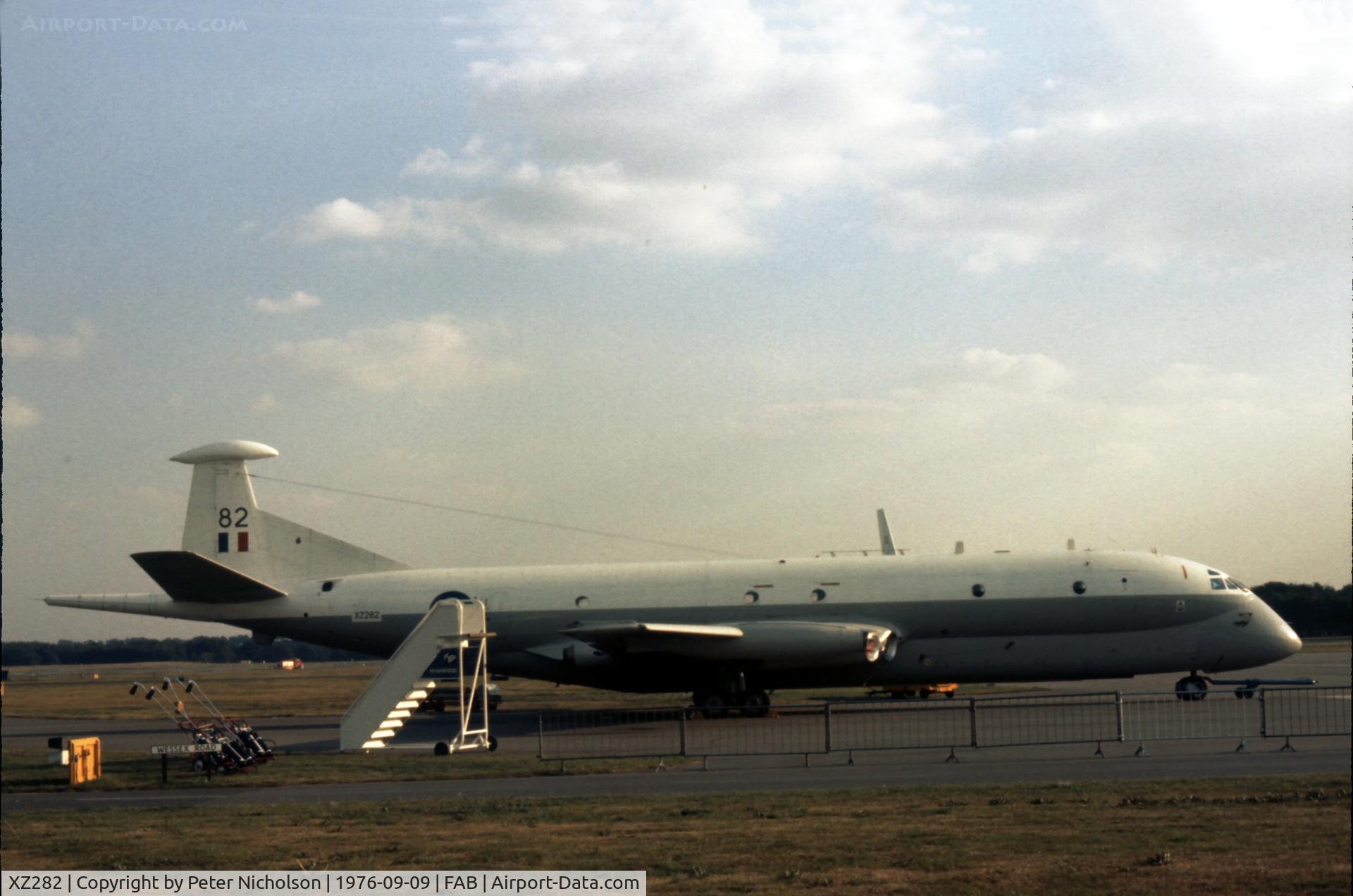 XZ282, Hawker Siddeley Nimrod MR.1 C/N 8044, As displayed at the 1976 Farnborough Airshow, this MR.1 was later converted to AEW.3 model. Manufacturer's name also changed after 1976 to BAe.