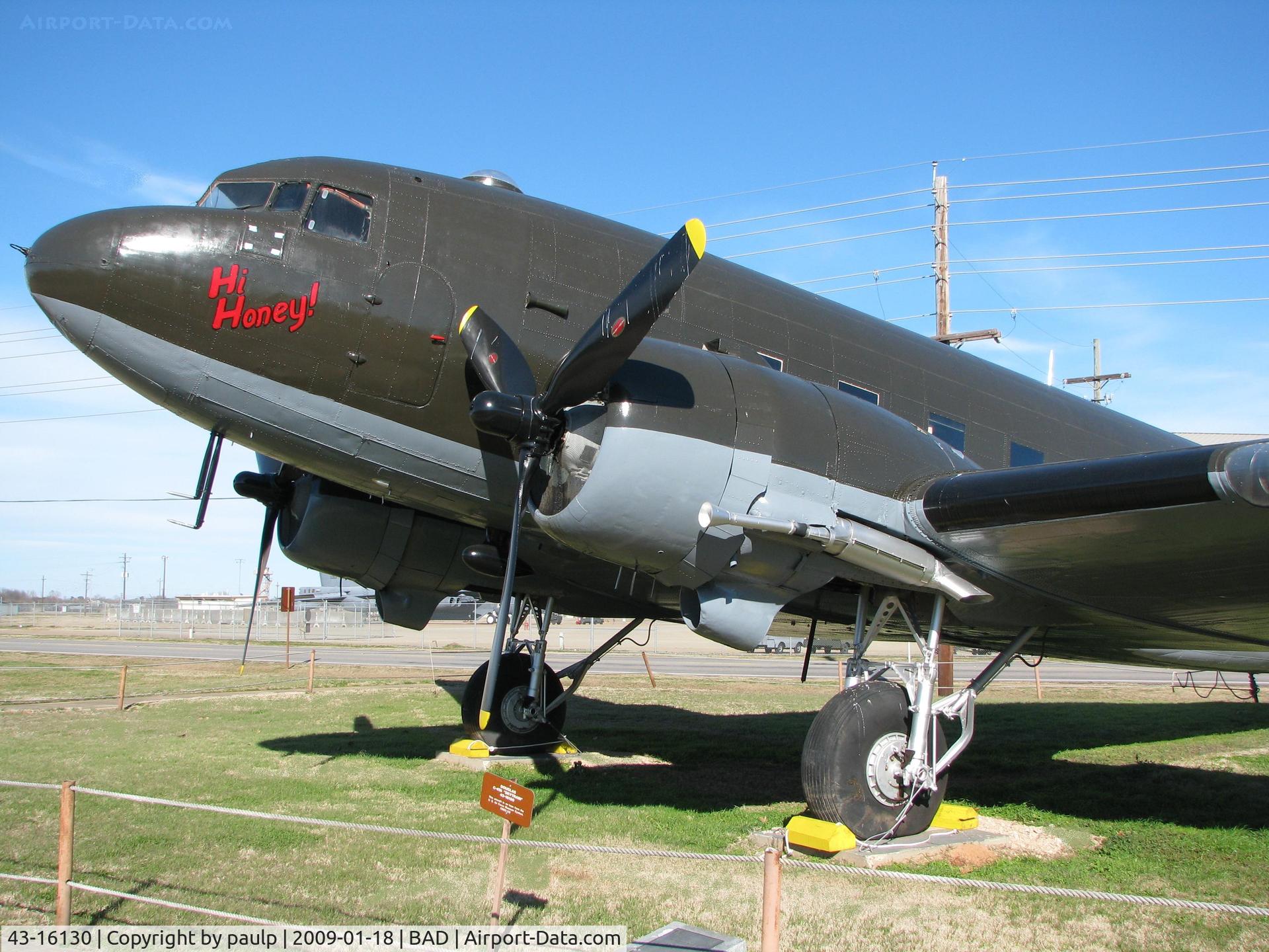 43-16130, 1942 Douglas C-47A-90-DL Skytrain C/N 20596, C-47A Skytrain on display at the Eighth Air Force Museum at Barksdake Air Force Base, Louisiana.