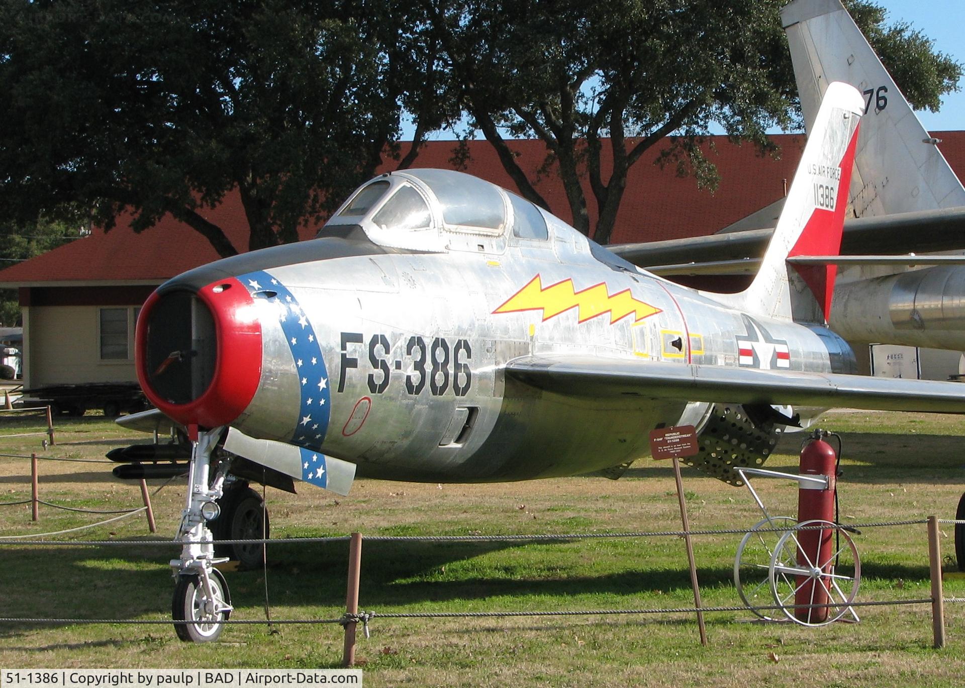 51-1386, 1951 Republic F-84F-15-RE Thunderstreak C/N Not found 51-1386, F-84F Thunderstreak on display at the 8th Air Force Museum at Barksdale Air Force Base, Louisiana.