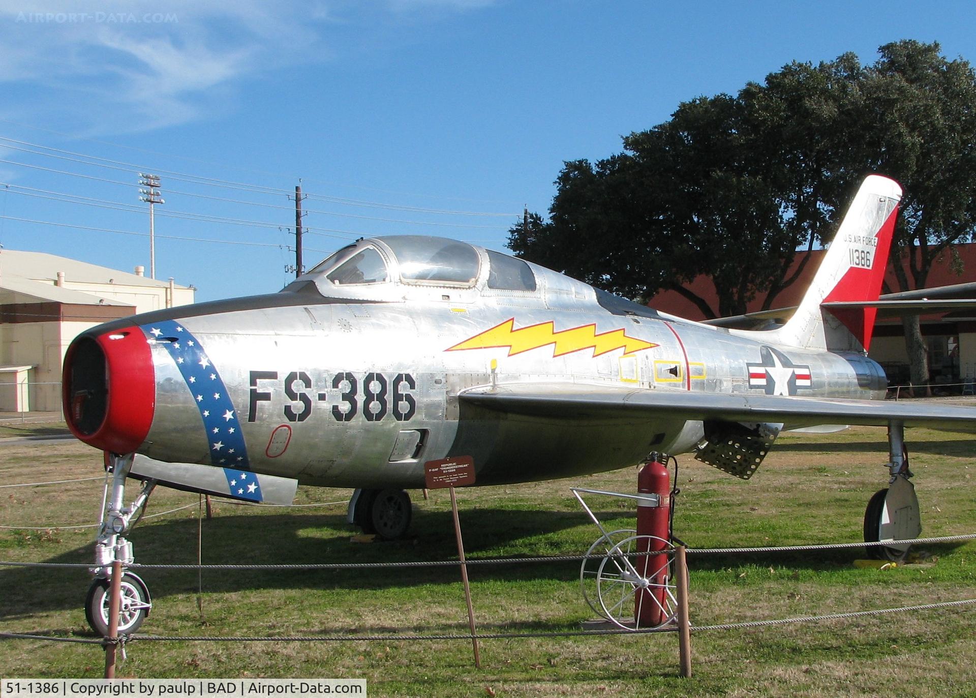 51-1386, 1951 Republic F-84F-15-RE Thunderstreak C/N Not found 51-1386, F-84F Thunderstreak on display at the 8th Air Force Museum at Barksdale Air Force Base, Louisiana.