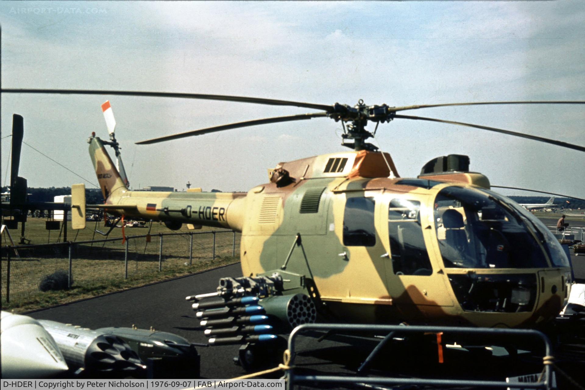 D-HDER, MBB Bo-105C C/N S-150, As displayed at the 1976 Farnborough Airshow.