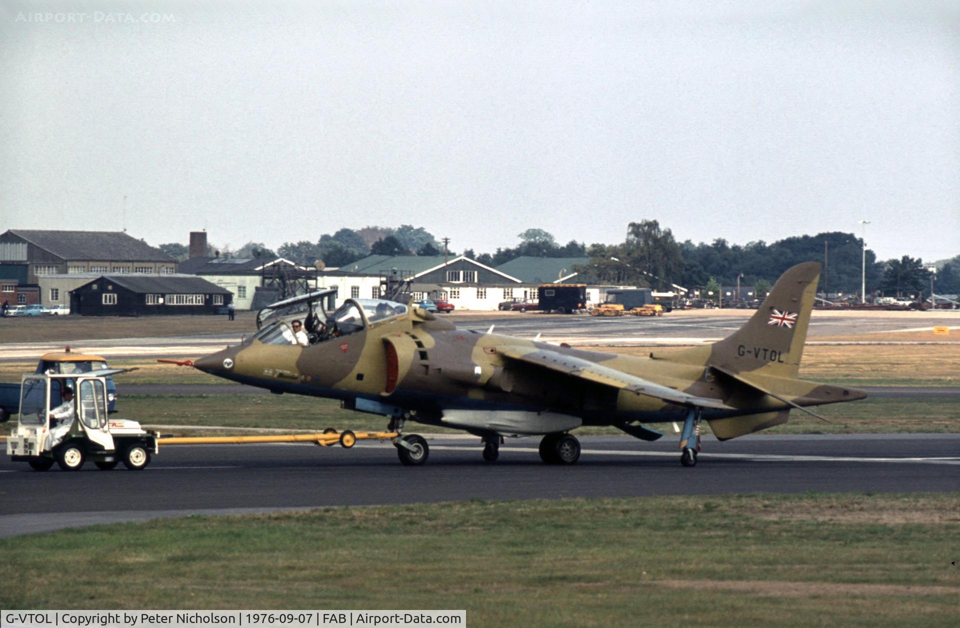 G-VTOL, 1970 Hawker Siddeley Harrier T.52 C/N B3-41H-735795, As displayed at the 1976 Farnborough Airshow.