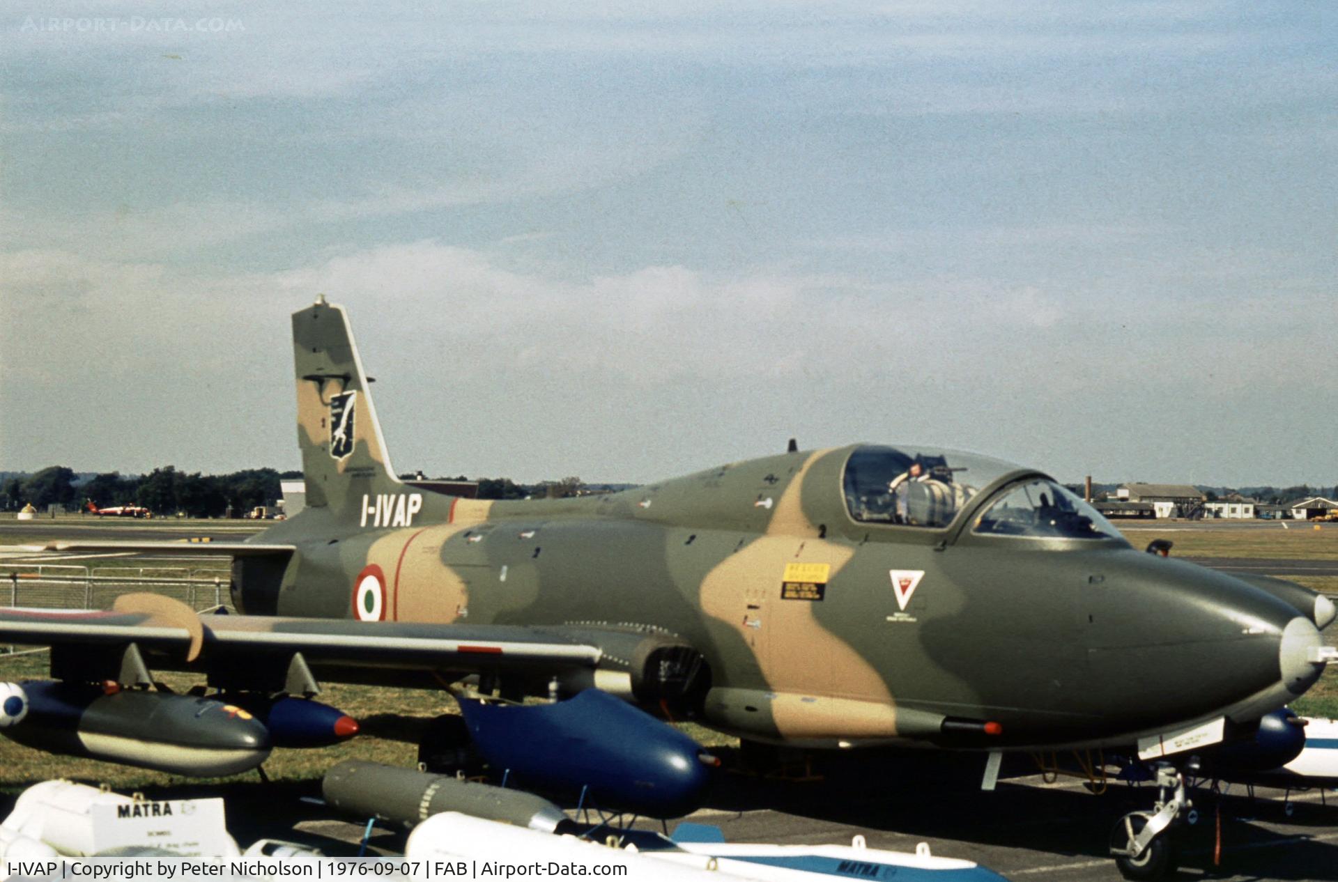 I-IVAP, Aermacchi MB-326K C/N 6478, This single-seat strike version of the trainer was displayed by the manufacturer at the 1976 Farnborough Airshow.