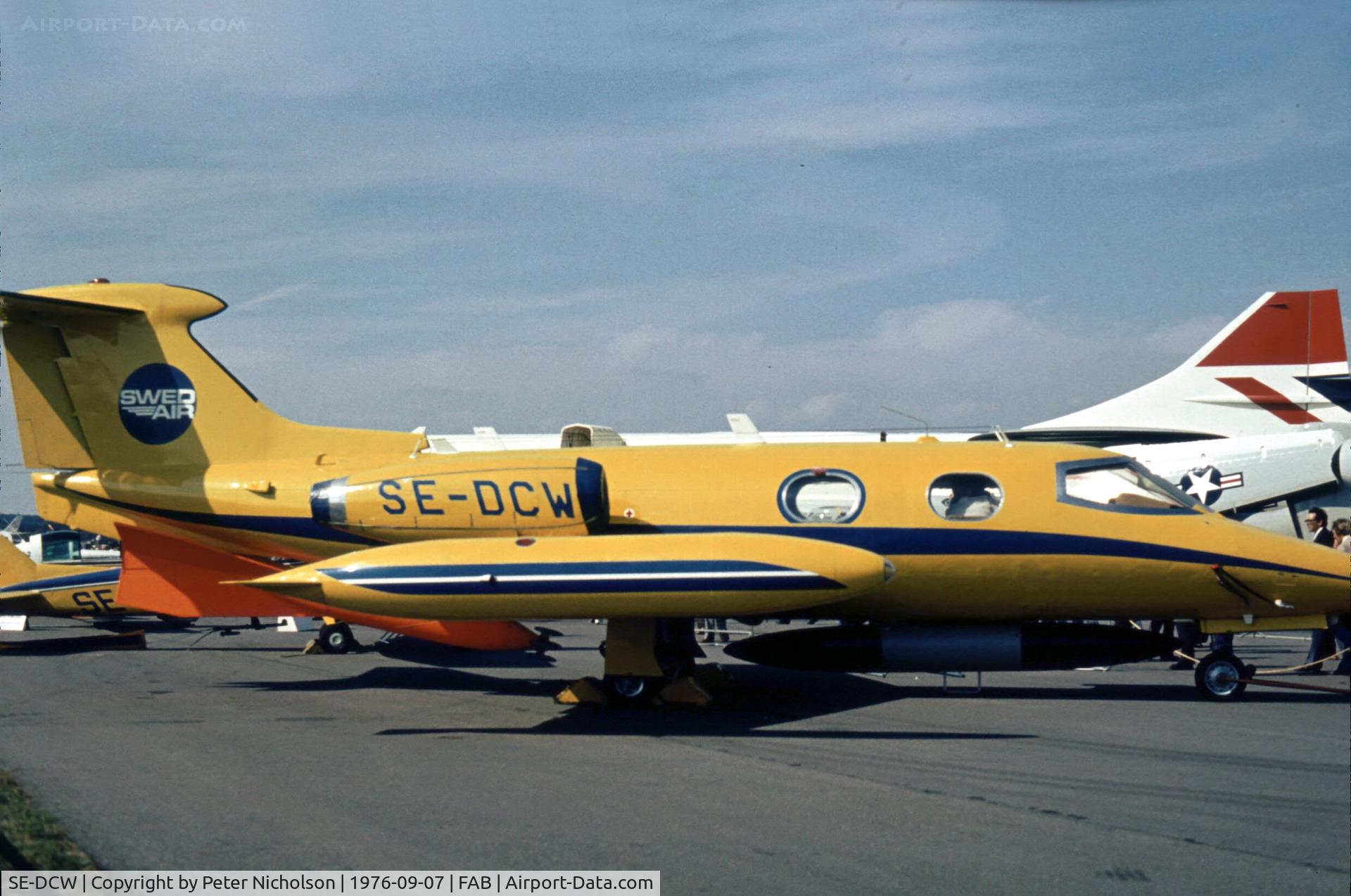 SE-DCW, 1966 Learjet 24 C/N 24-109, Target-towing Learjet operated by Swedair as displayed at the 1976 Farnborough Airshow.