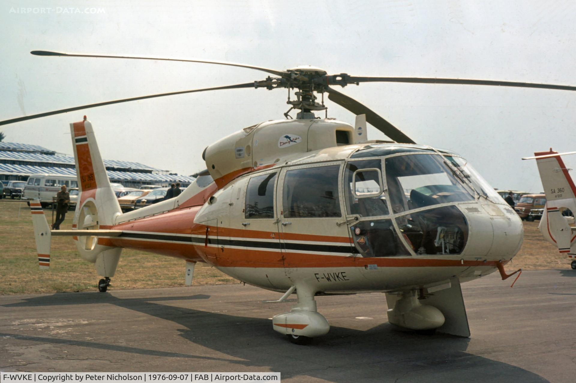 F-WVKE, Aerospatiale AS-365 Dauphin 2 C/N 004, This twin-engine version of the SA.360 Dauphin was displayed at the 1976 Farnborough Airshow