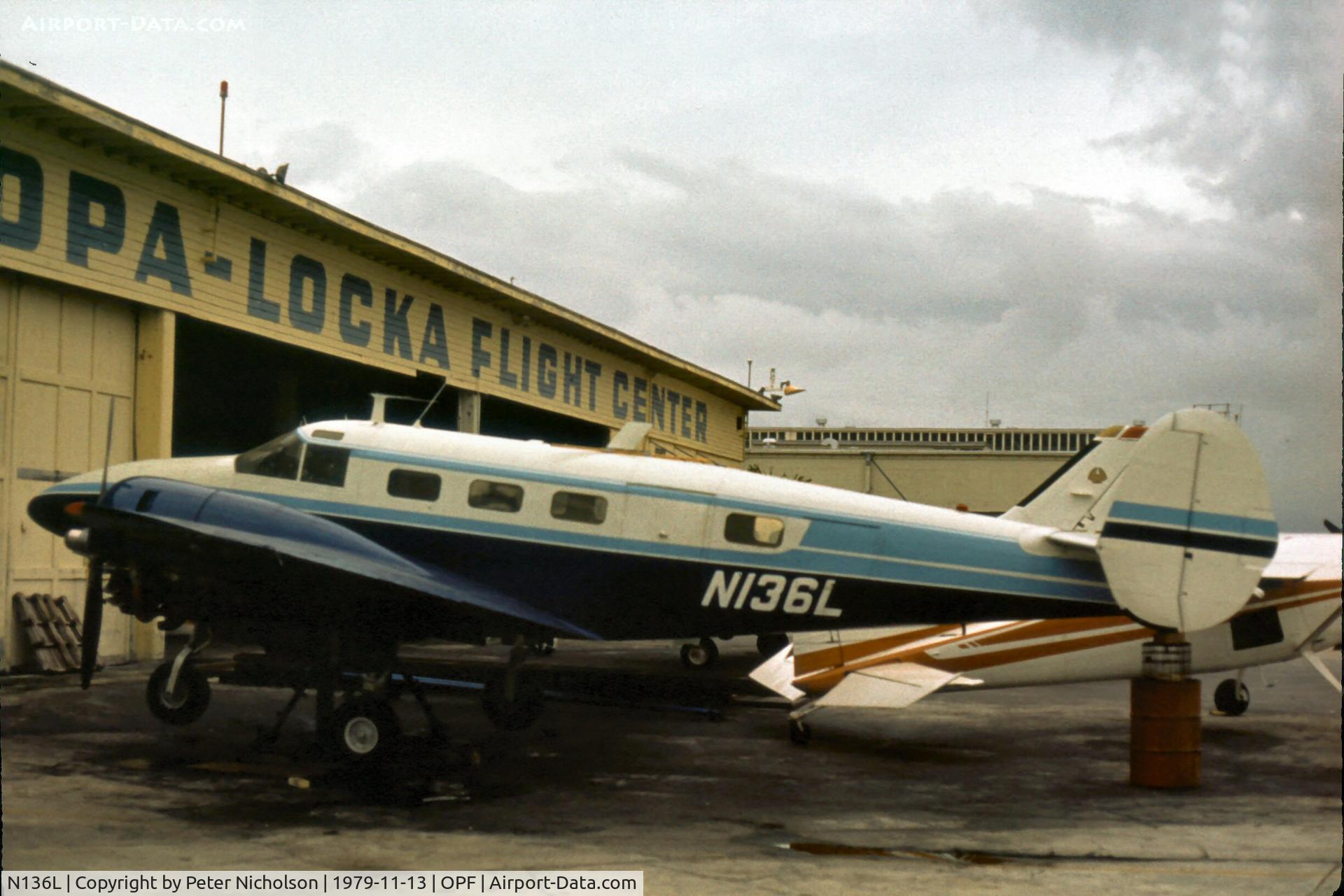 N136L, 1951 Beech C-45H Expeditor C/N AF-129, A year earlier than seen at Opa-Locka in 1979 this Beech was operated by Safe Air Taxi Inc of Pompano Beach, Florida.