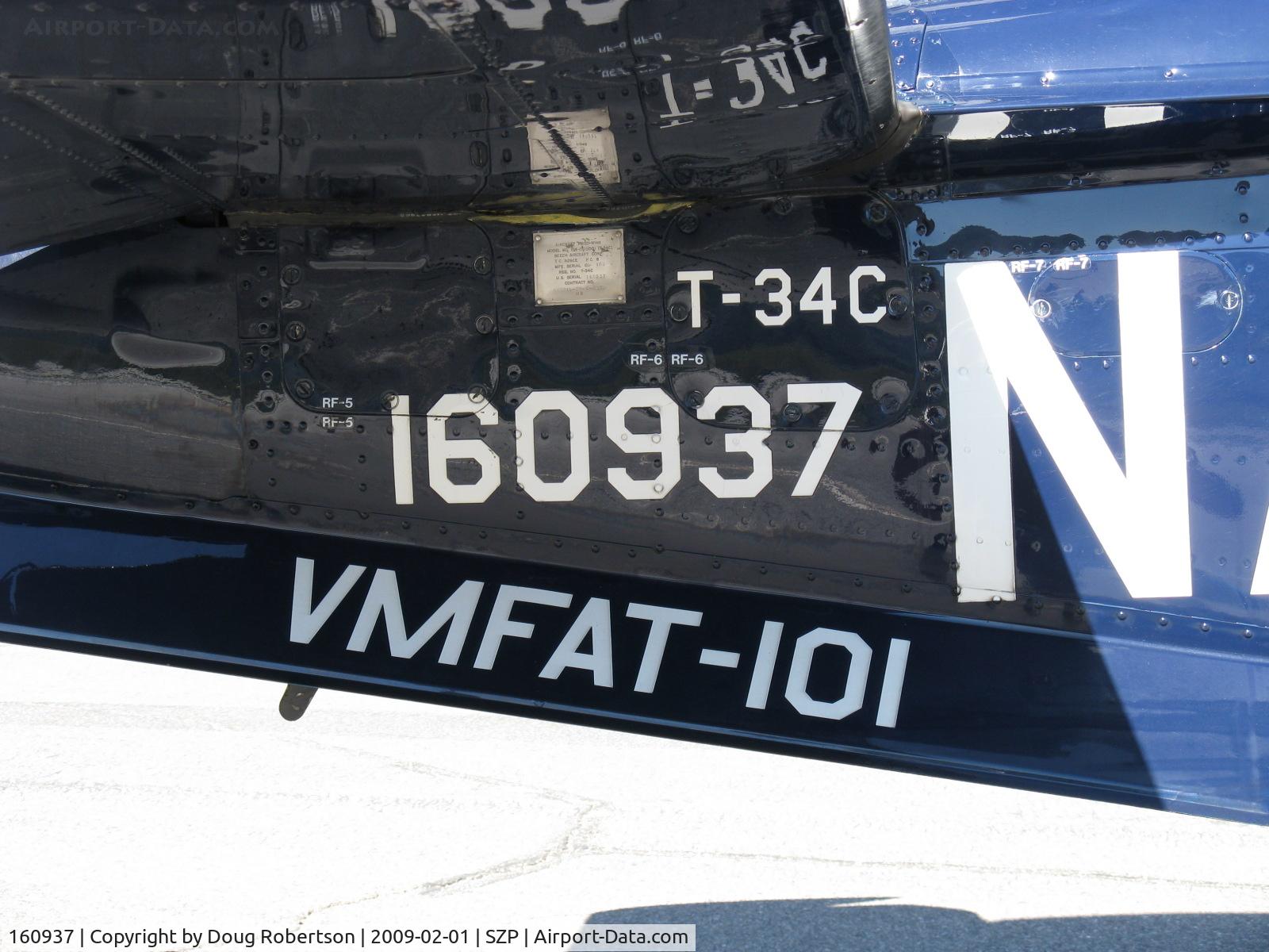 160937, Beech T-34C Turbo Mentor C/N GL-123, Beech T-34C TURBINE MENTOR Sierra Hotel of USMC VMFAT-101, one P&W(C)PT6A-25 400 shp turboprop. Returned to service 1998. Tail data.