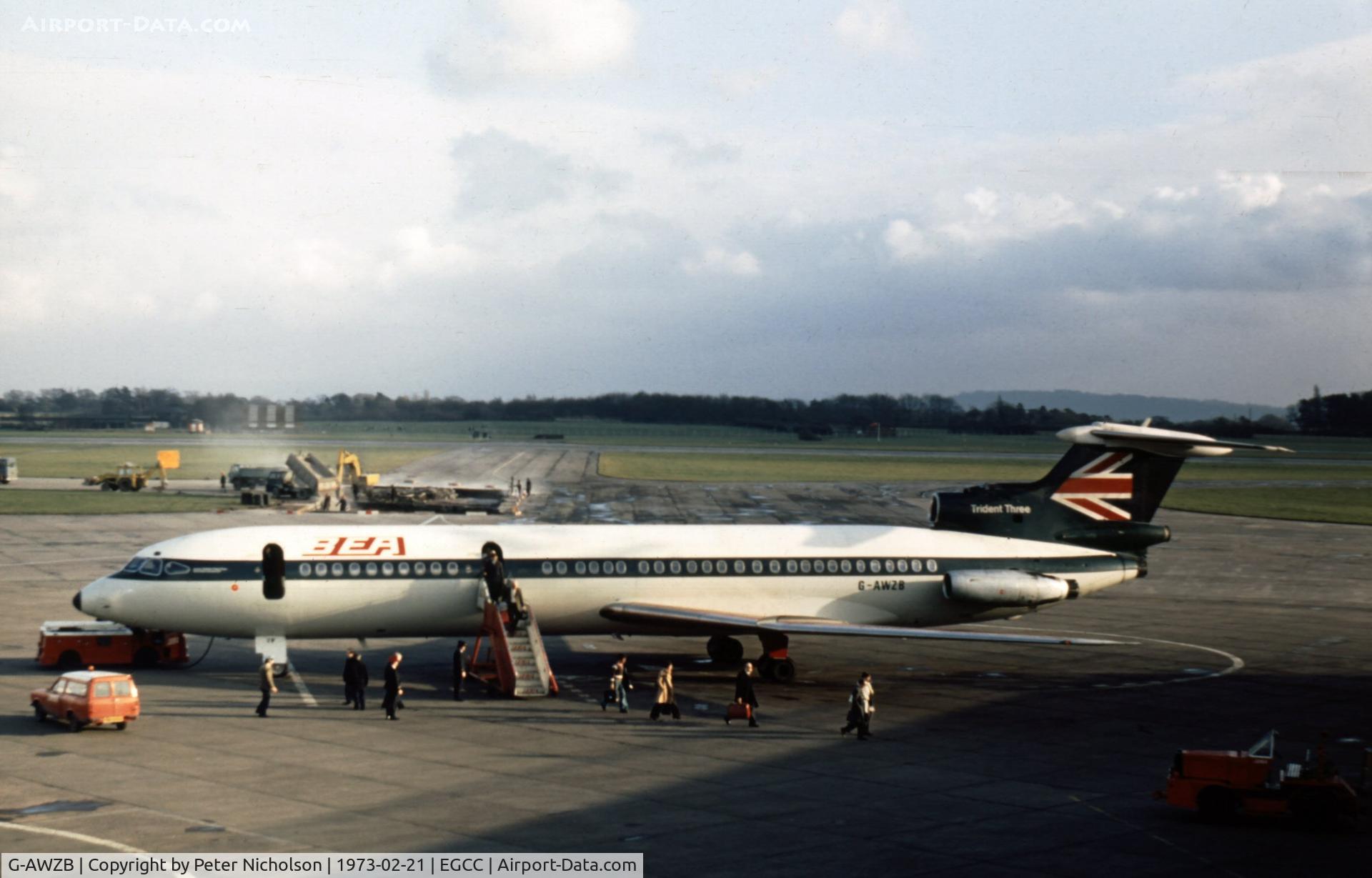 G-AWZB, 1970 Hawker Siddeley HS-121 Trident 3B-101 C/N 2303, In service with British European Airways as seen at Manchester in the winter of 1973.