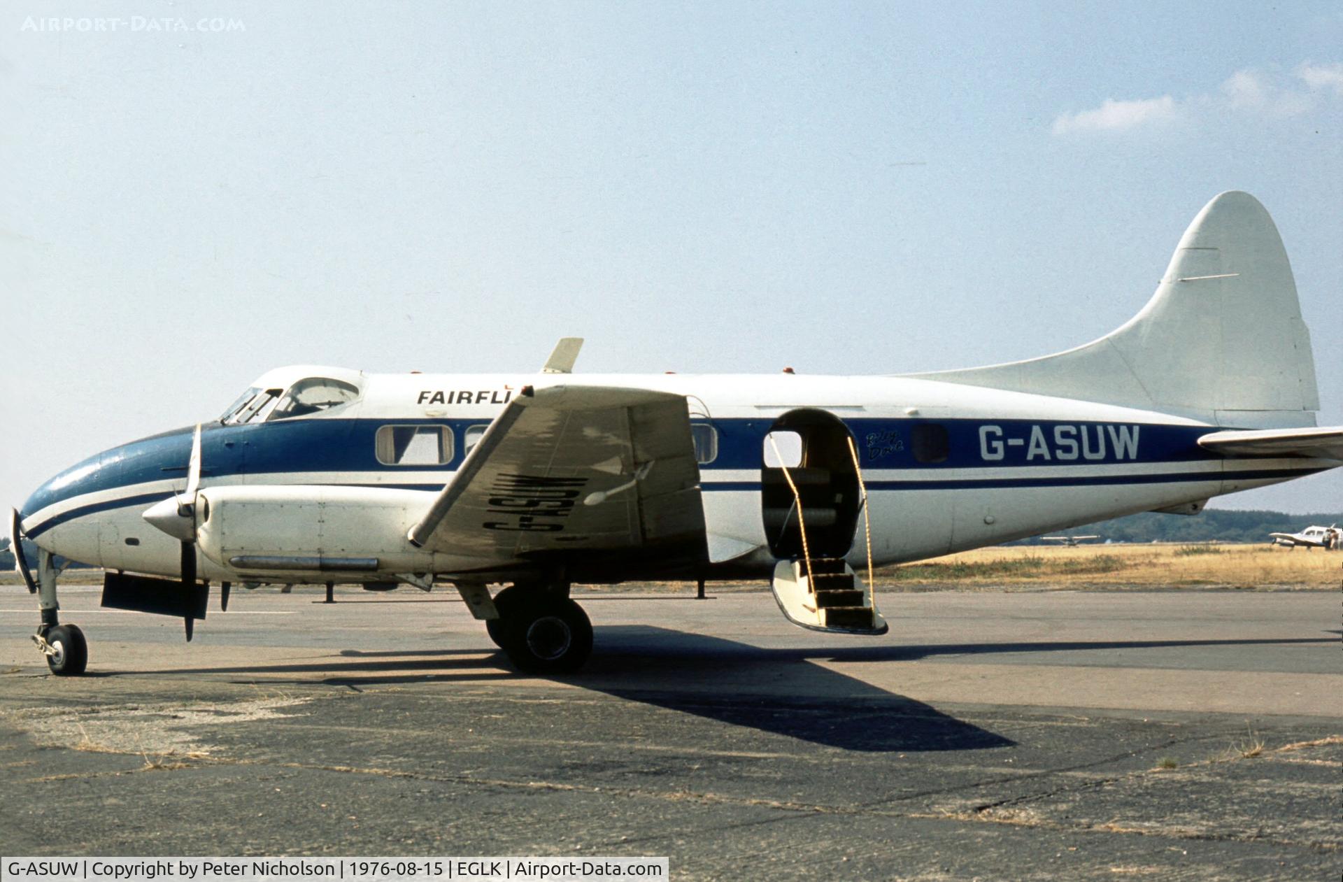 G-ASUW, 1949 De Havilland DH-104 Dove 1A C/N 04256, Operated by Fairflight Charters and present at the 1976 Blackbushe Fly-in.