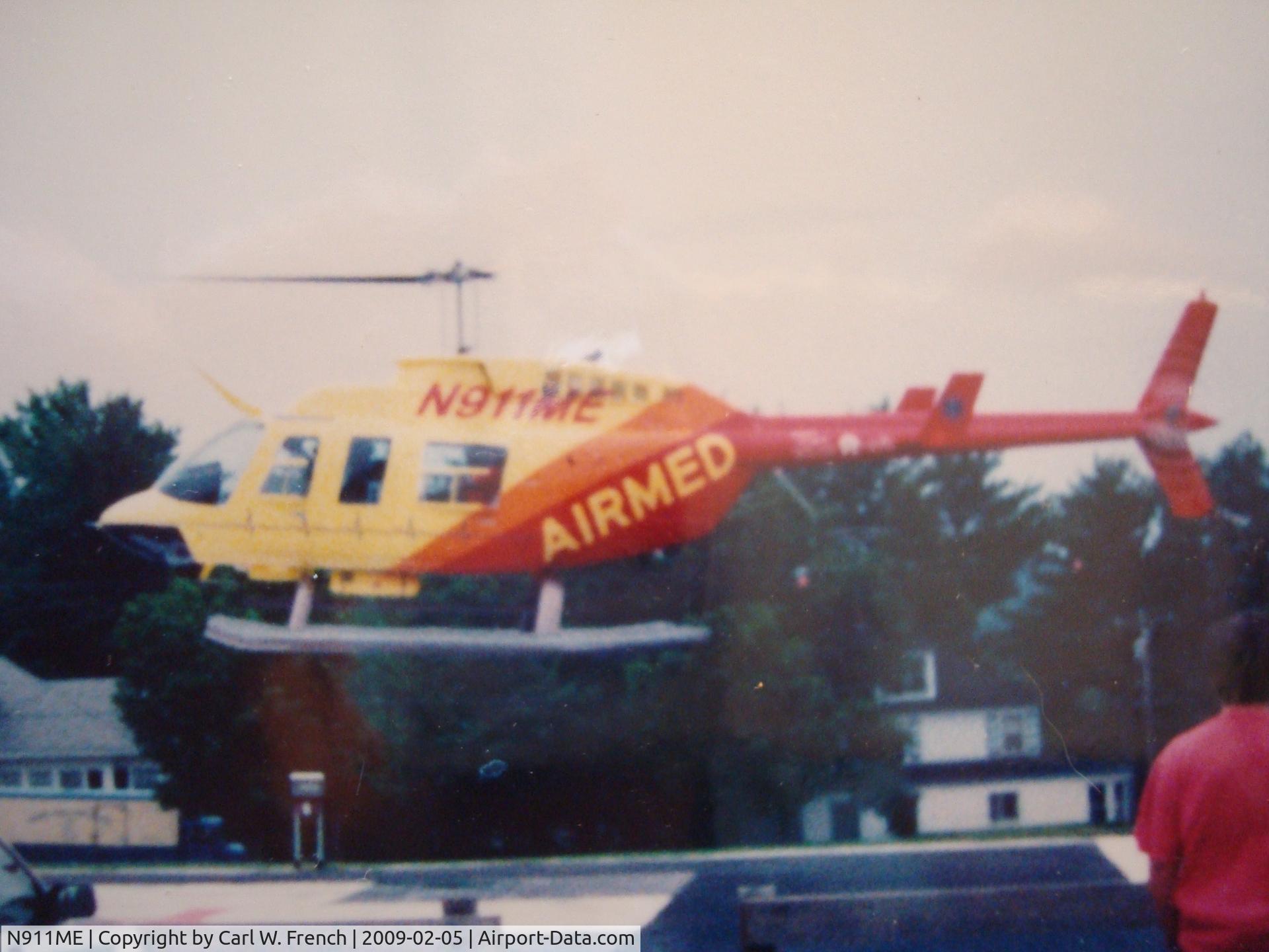 N911ME, 1980 Bell 206L-1 LongRanger II C/N 45553, Aircraft lifting off from H D Goodall Hospital in Sanford, Maine. N911ME was lost over Casco Bay with medical crew and pt. November 19, 1993
