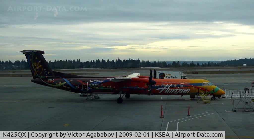 N425QX, 2001 De Havilland Canada DHC-8-402 Dash 8 C/N 4039, At Seattle. 25 Years to Horizon Airlines.
