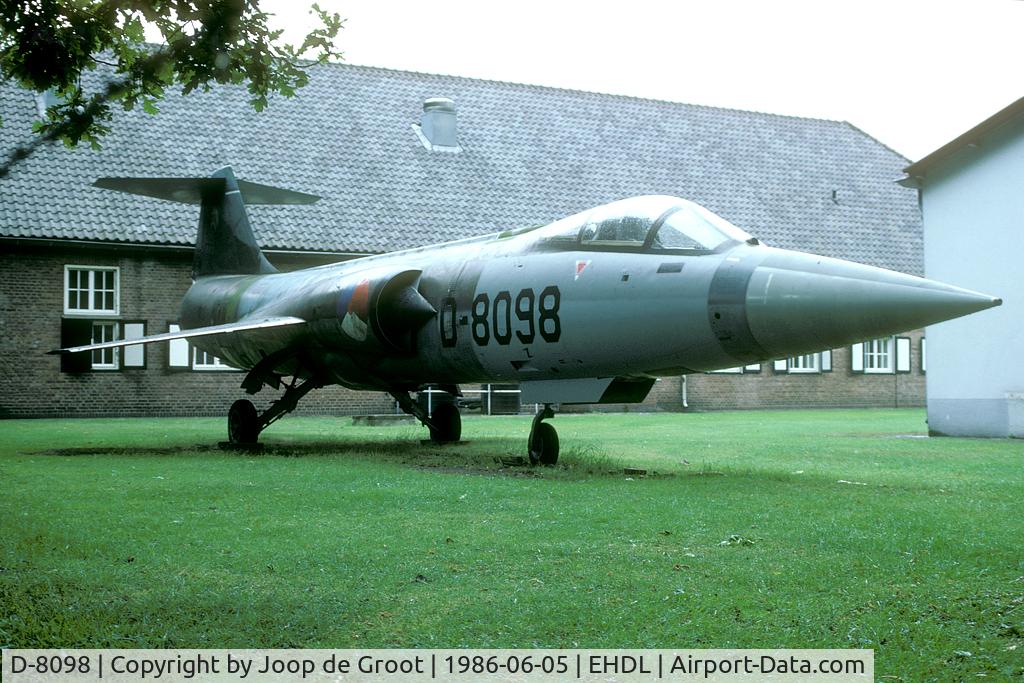 D-8098, Lockheed F-104G Starfighter C/N 683-8098, After its prang in 1978 D-8098 became an instructional air frame. In 1986 it had been promoted to the Deelen gate guard.