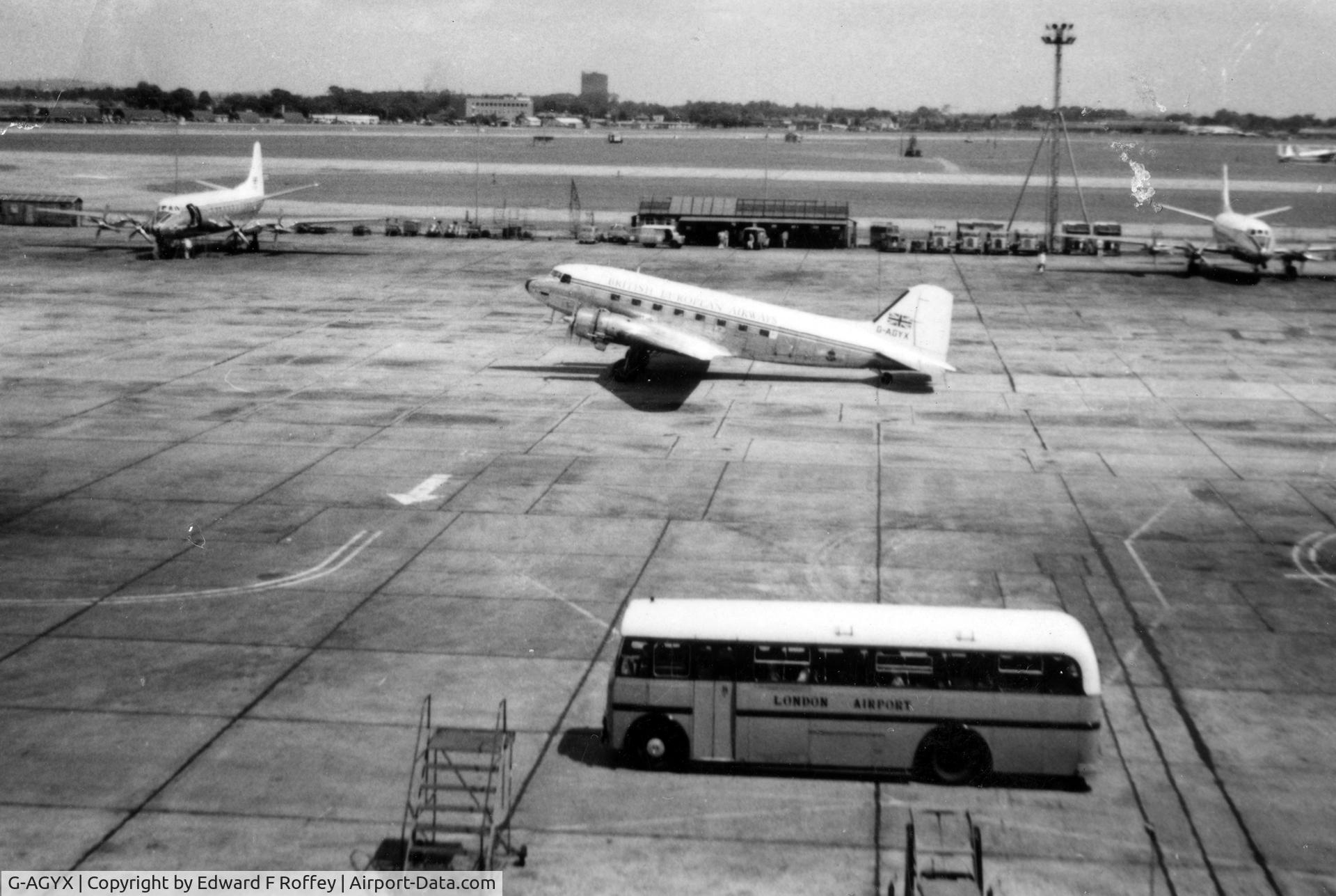 G-AGYX, 1944 Douglas C-47A-10-DK  Skytrain (DC3) C/N 12472, Douglas Aircraft Company Inc DOUGLAS C47 DAKOTA 3 'G-AGYX' at London Airport, date unknown