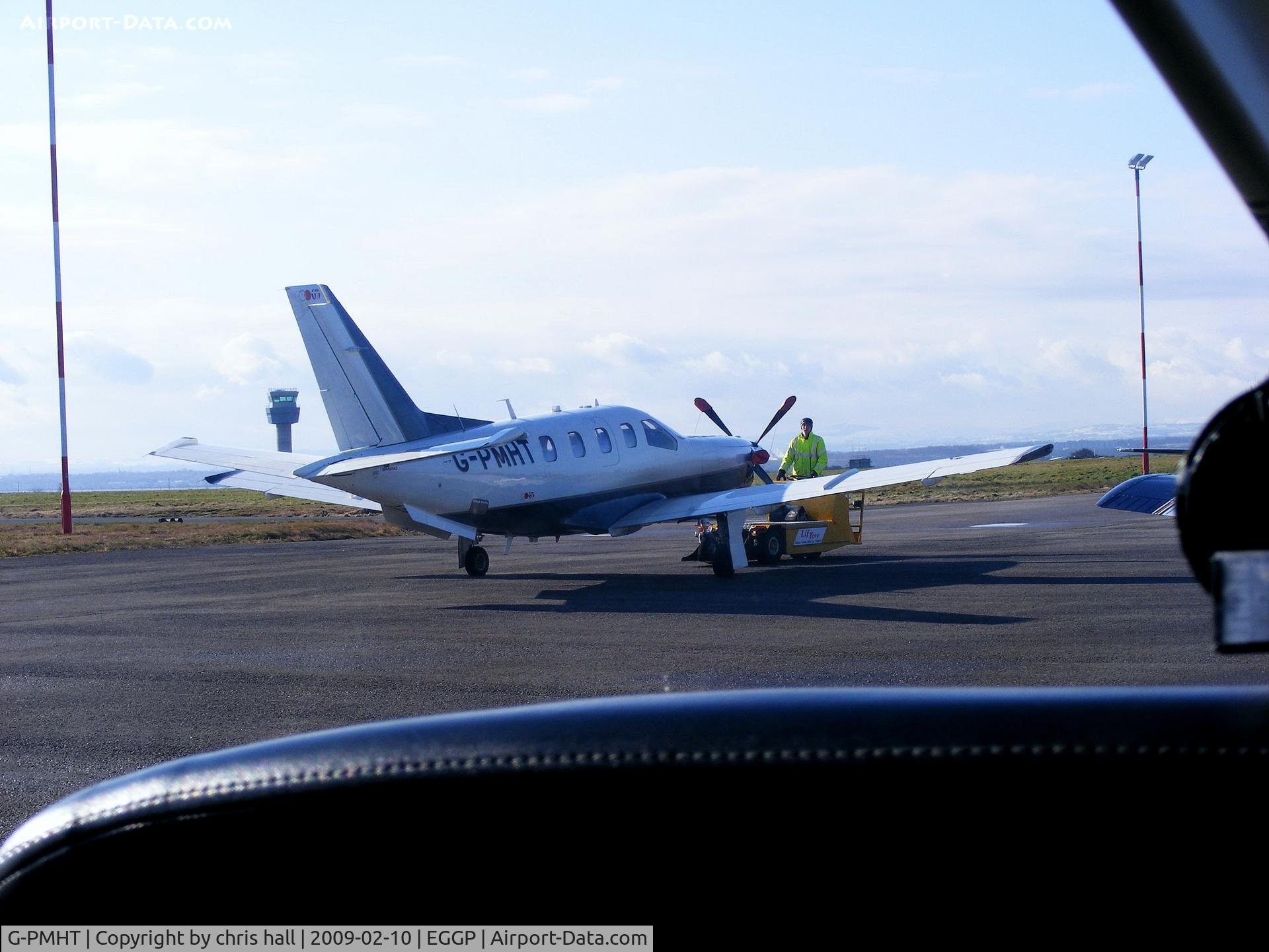 G-PMHT, 2008 Socata TBM-700N C/N 440, on the apron at Liverpool, taken from G-BNJT
