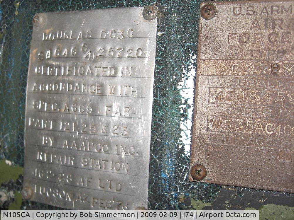 N105CA, 1944 Douglas DC3C-S4C4G (C-47B) C/N 14275, One of two data plates in the cockpit of this former US Army C-47B.  The other plate says S/N 43-48459.