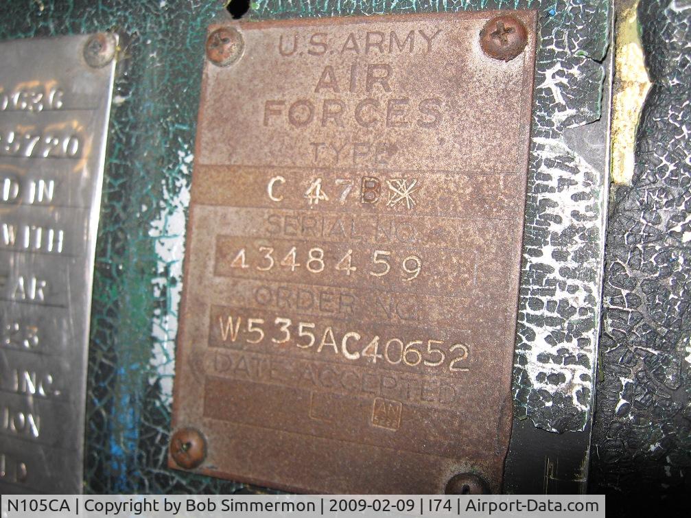 N105CA, 1944 Douglas DC3C-S4C4G (C-47B) C/N 14275, Probably the original US Army data plate in teh cockpit showing this as a 1943 C-47B.