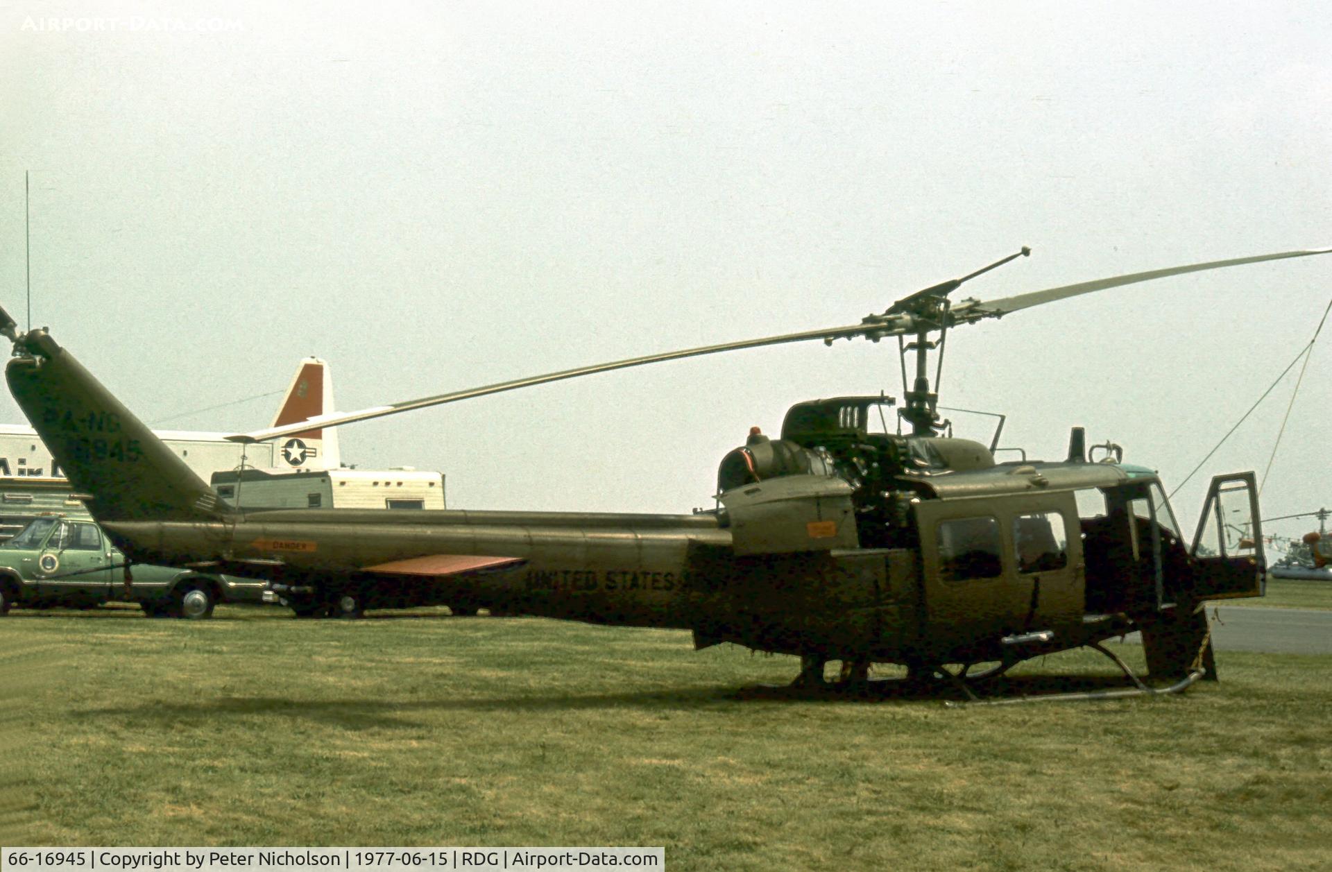 66-16945, Bell UH-1D Iroquois (205) C/N 9139, 28 Avn Battn Pennsylvania Army NG displayed this Huey at the 1977 Reading Airshow.