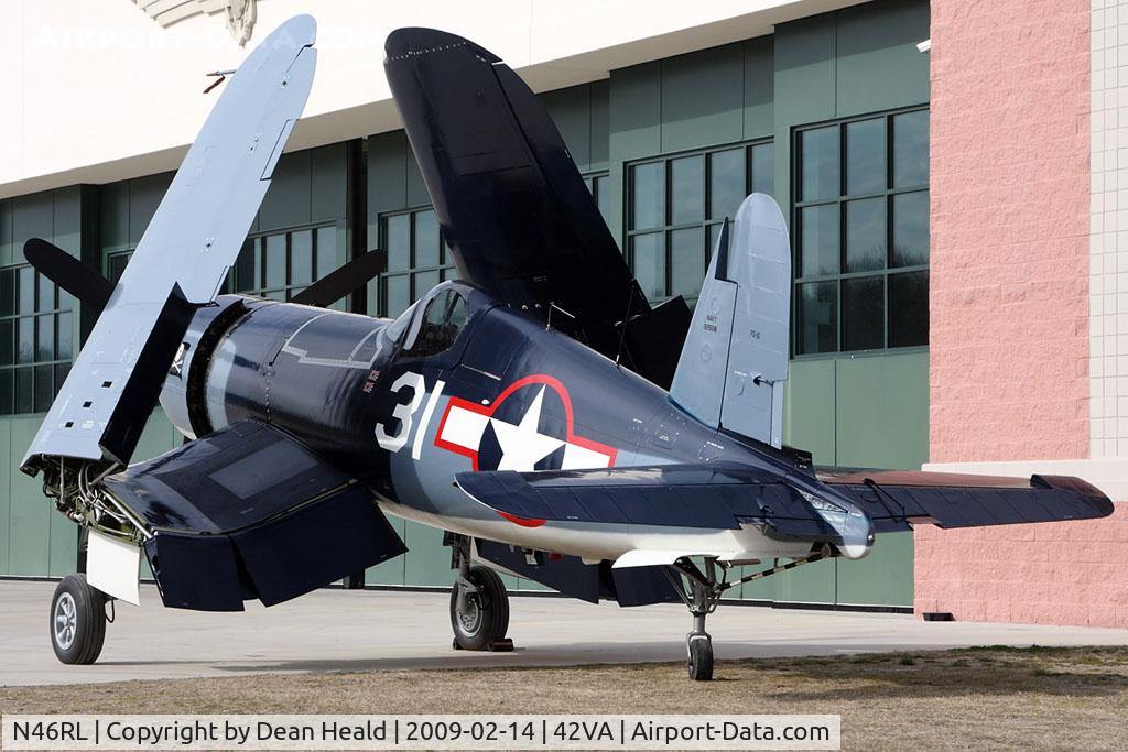 N46RL, 1945 Goodyear FG-1D Corsair C/N Not found (92508/N46RL), 1945 Goodyear FG-1D Corsair N46RL on static display on the ramp at the Military Aviation Museum in Virginia Beach, VA.