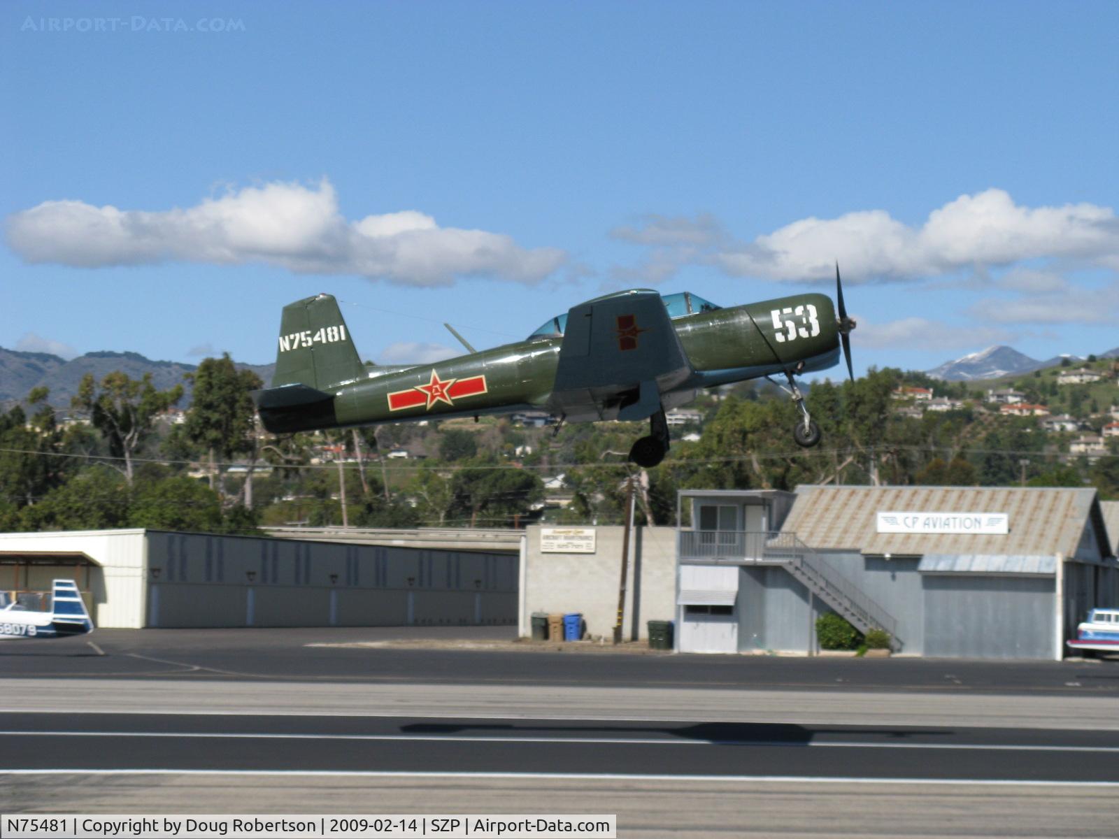 N75481, 1972 Nanchang CJ-6A C/N 2951272, 1972 Nanchang China CJ-6A, Huosai 6A 9 cylinder radial 285 Hp, takeoff climb Rwy 04