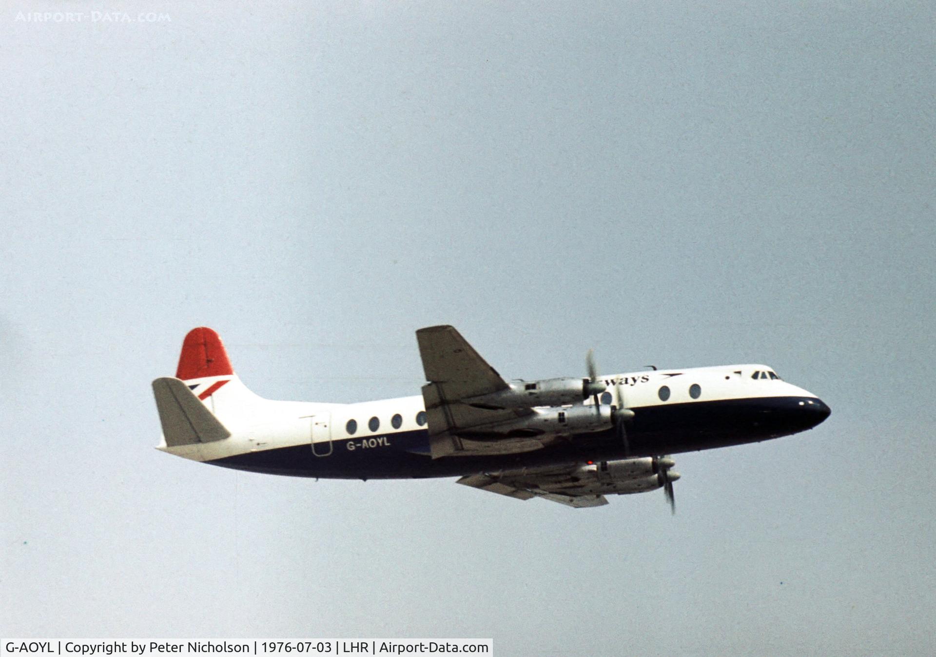 G-AOYL, 1958 Vickers Viscount 806 C/N 261, Departing London Heathrow in the Summer of 1976.