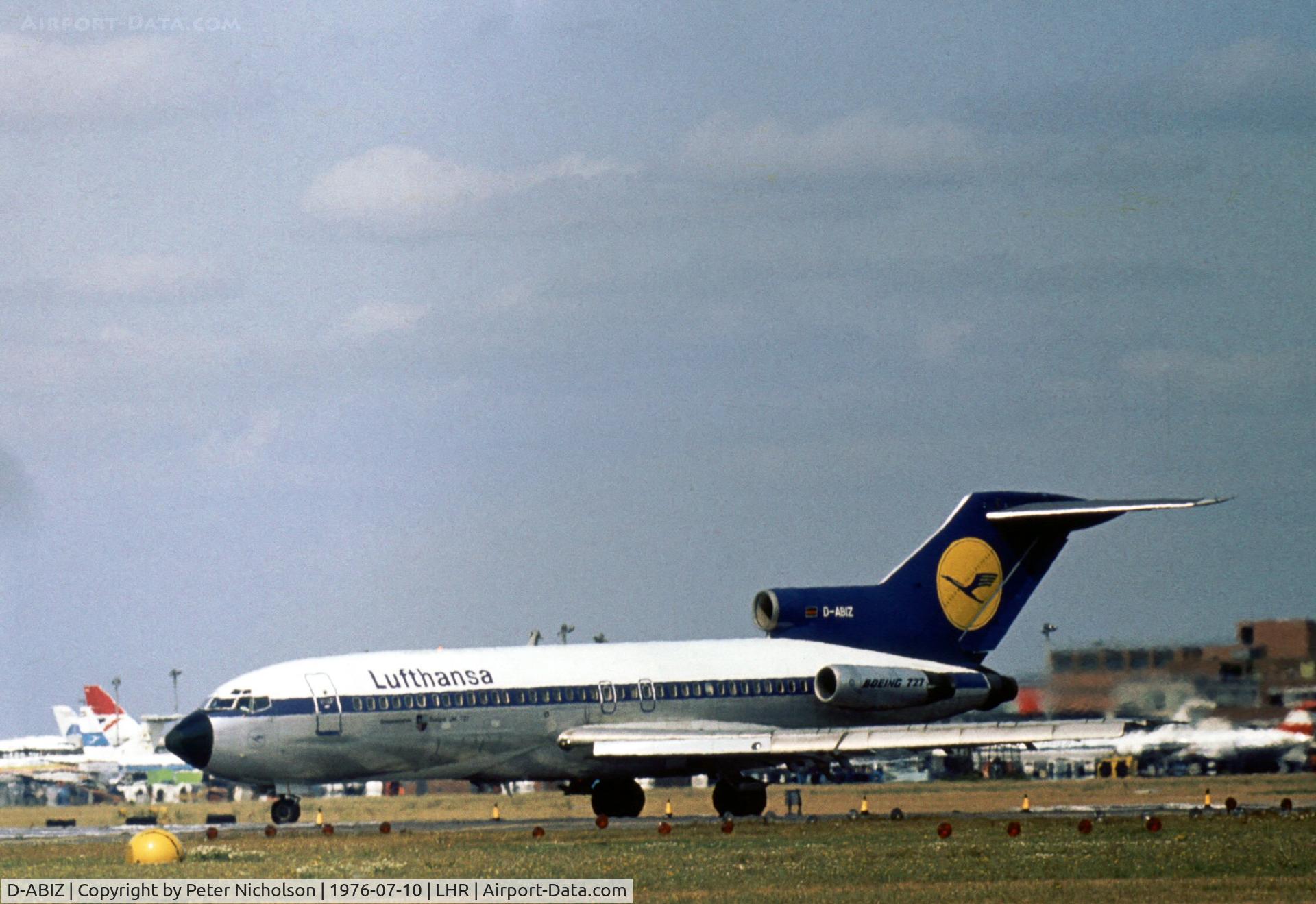 D-ABIZ, 1967 Boeing 727-30QC C/N 19010, Earlier use by Lufthansa of this regn - Boeing 727 named Gelsenkirchen departing London Heathrow in the Summer of 1976.