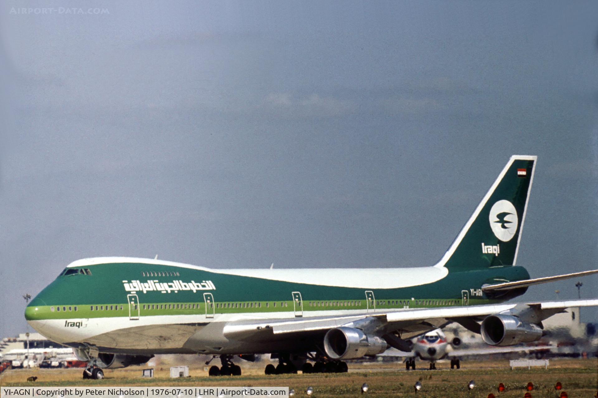 YI-AGN, 1976 Boeing 747-270C C/N 21180, Iraqi Airways flight departing London Heathrow in the Summer of 1976.