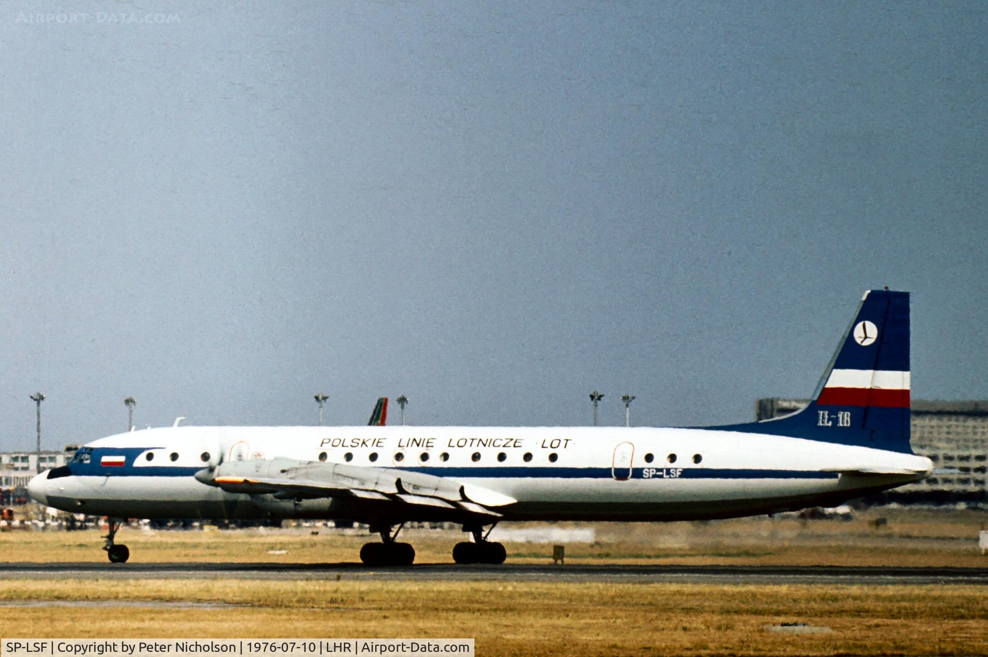 SP-LSF, 1965 Ilyushin IL-18V C/N 185008601, LOT Polish Airlines departing London Heathrow in the Summer of 1976.