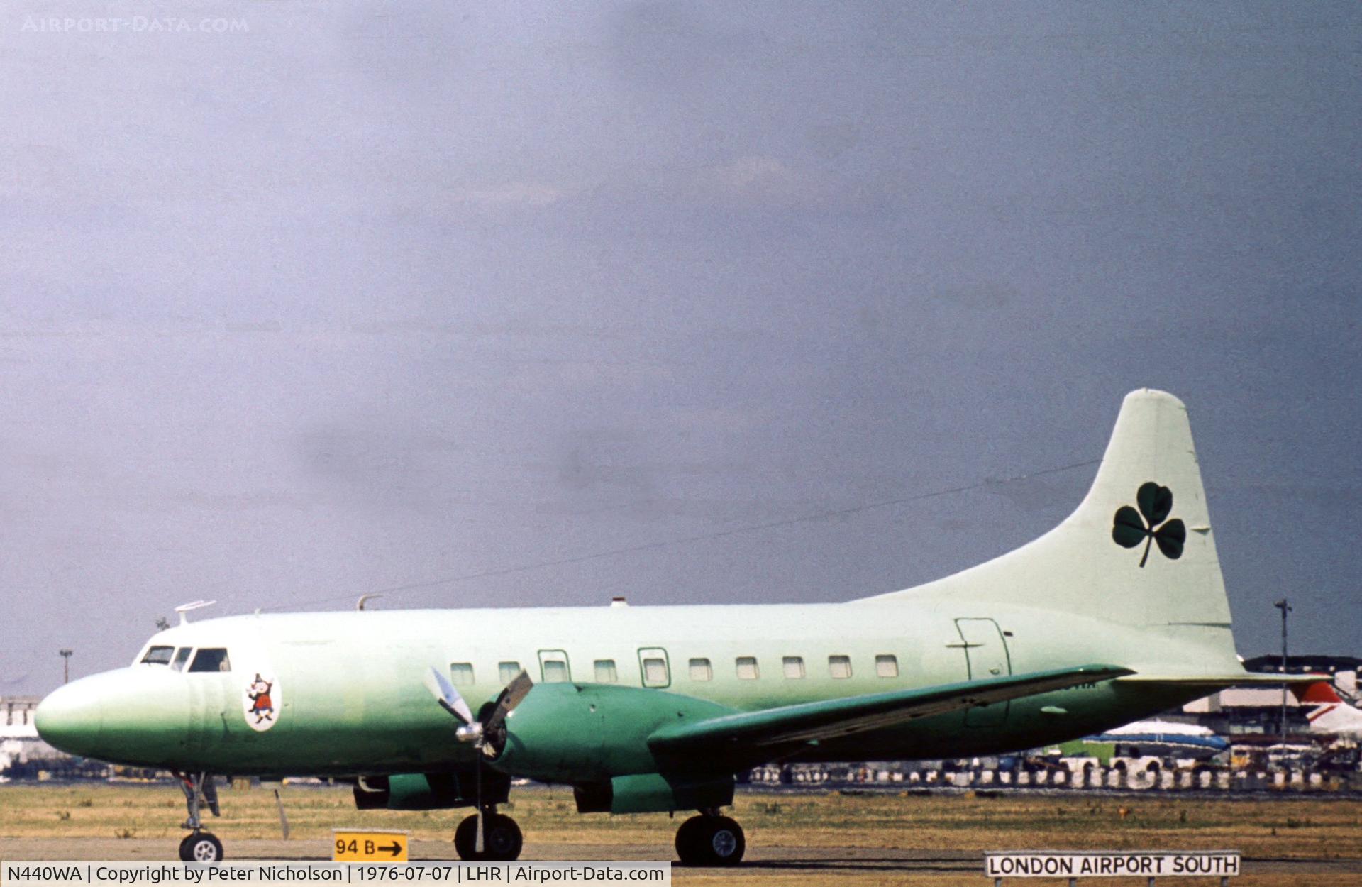 N440WA, 1952 Convair 440-31 (CV-340-31) Metropolitan C/N 5, World Airways VIP-configured Metropolitan at London Heathrow in the Summer of 1976.