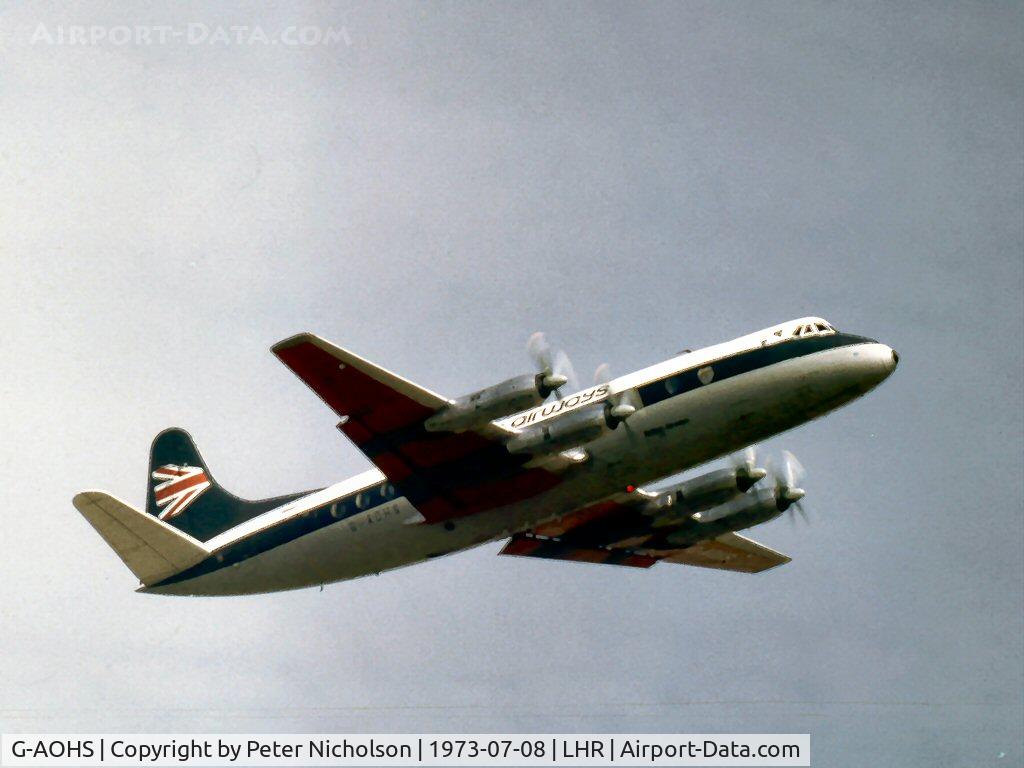 G-AOHS, 1957 Vickers Viscount 802 C/N 167, Viscount of the Scottish Division of British European Airways departing London Heathrow in the Summer of 1973.