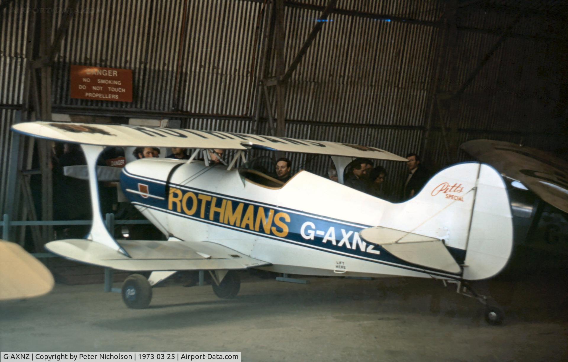 G-AXNZ, 1972 Pitts S-1C Special C/N EBX2, This Pitts Special of the Rothmans aerobatic team attended the Shuttleworth Collection display at Old Warden in the Spring of 1973.