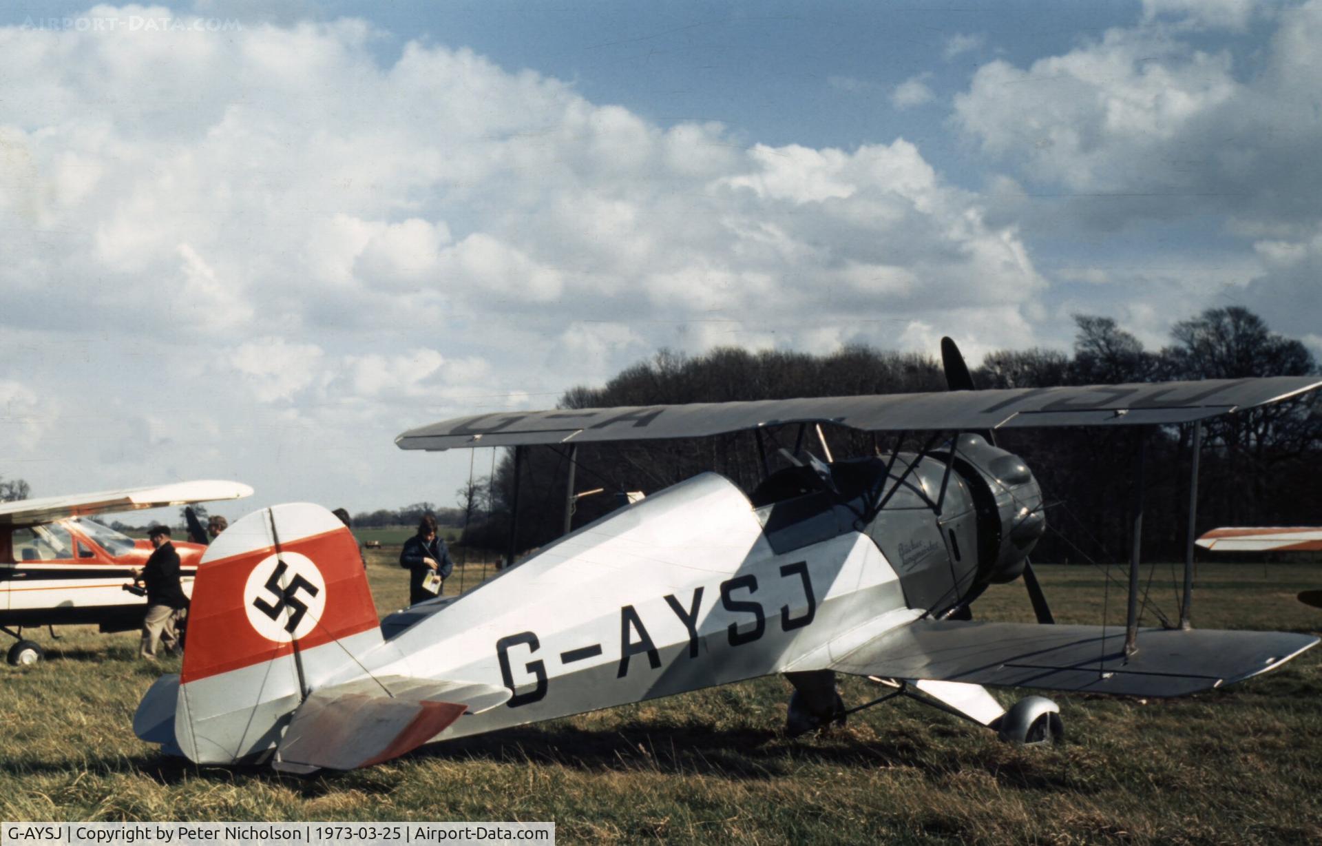 G-AYSJ, 1938 Bucker Bu-133C Jungmeister C/N 38, This Jungmeister attended the Shuttleworth Collection display at Old Warden in the Spring of 1973.