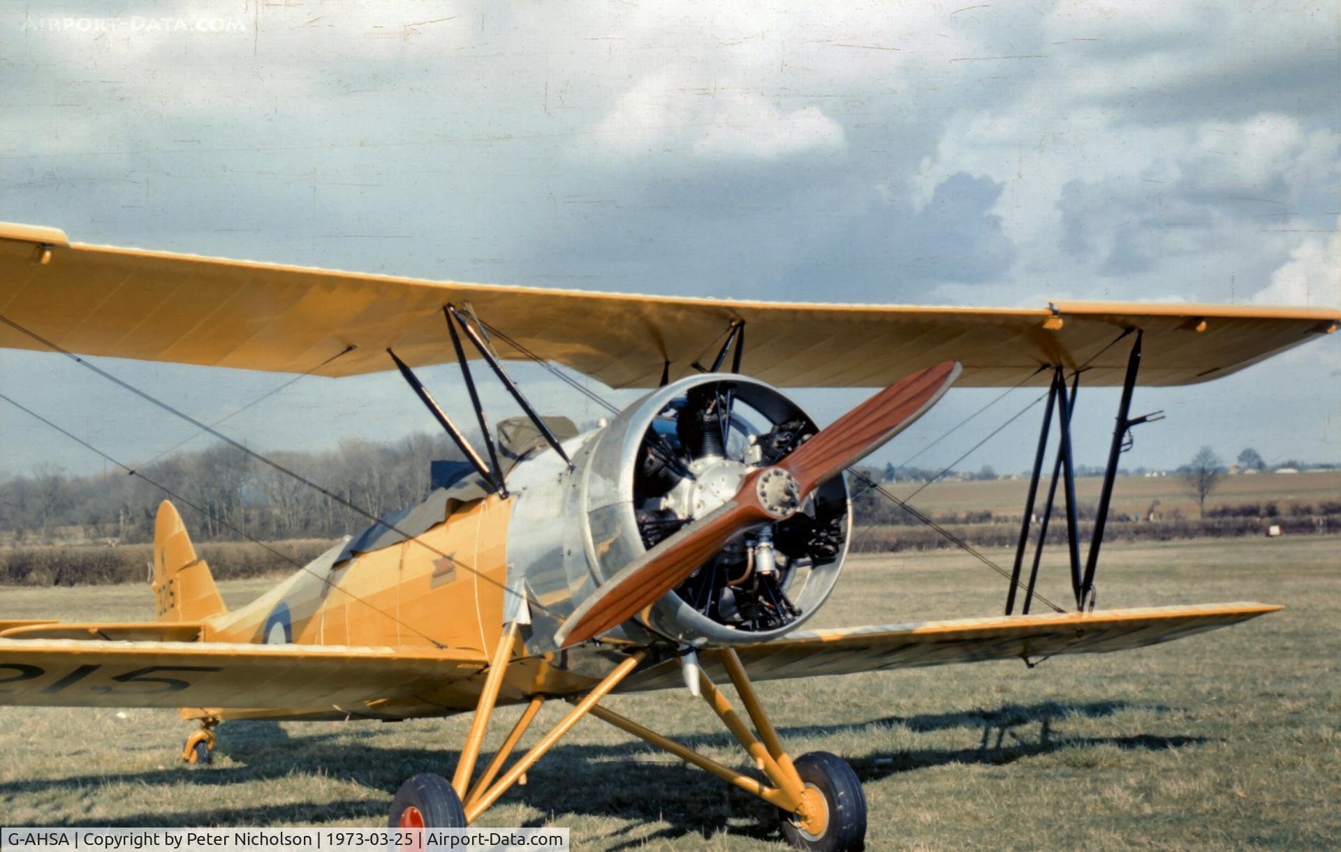 G-AHSA, 1933 Avro 621 Tutor C/N K3215, The Shuttleworth Collection displayed their Tutor at Old Warden in the Spring of 1973.