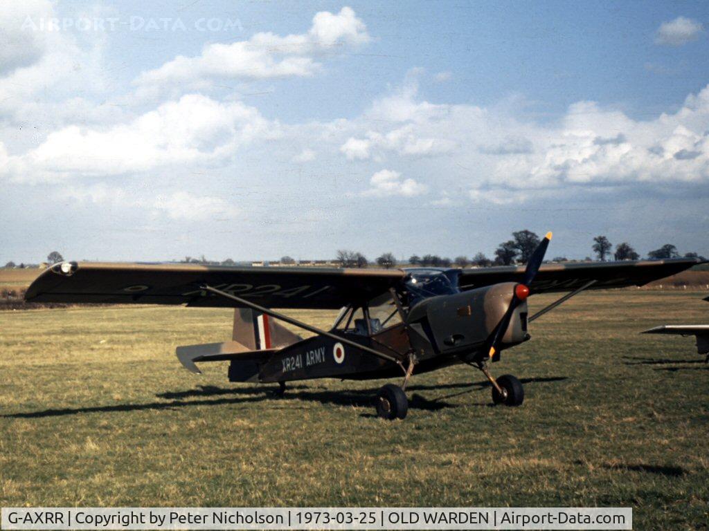 G-AXRR, 1962 Auster AOP.9 C/N AUS/178, Auster AOP.9 XR 241 was displayed at the Shuttleworth Collection at Old Warden in the Spring of 1973.