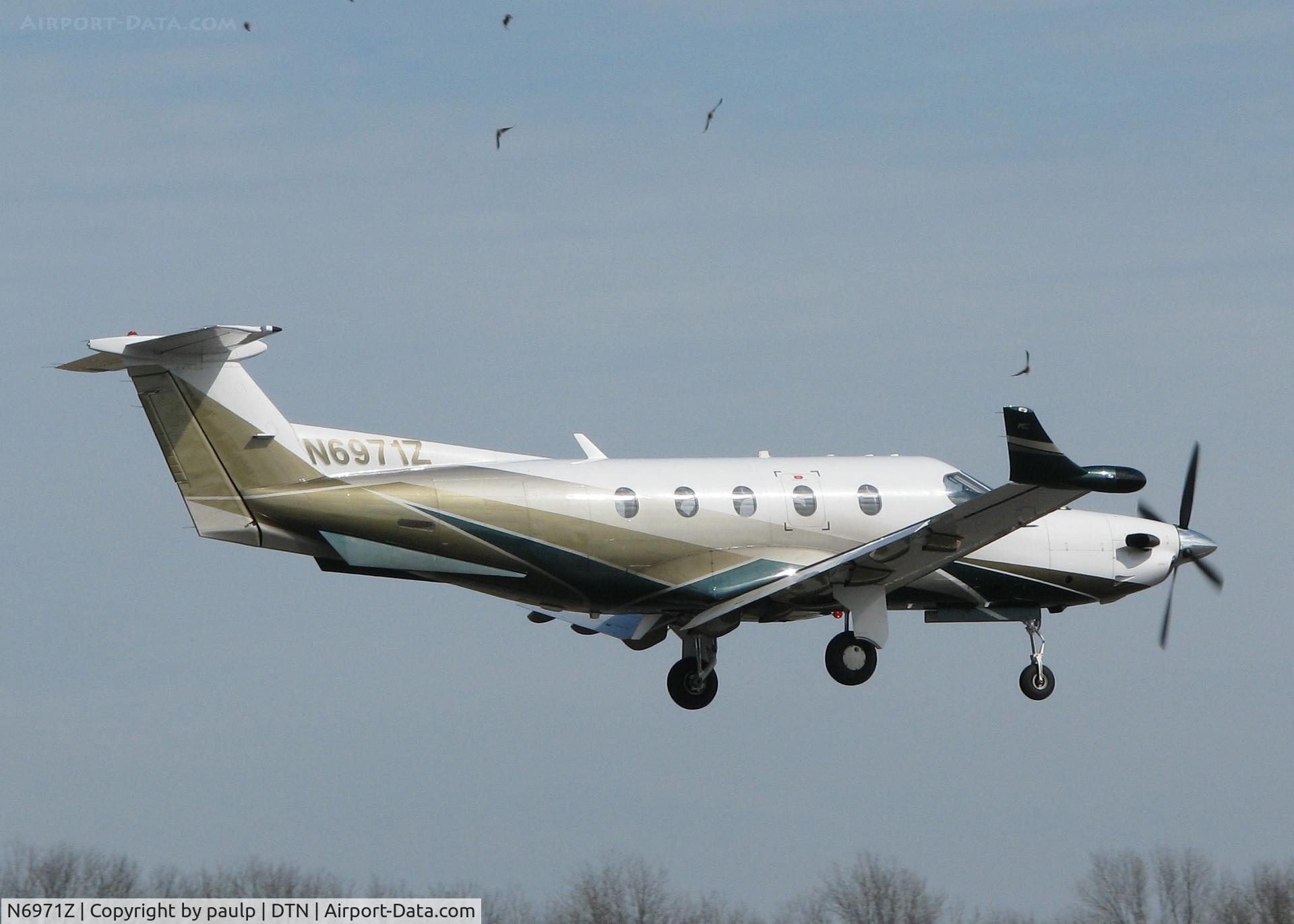 N6971Z, 2005 Pilatus PC-12/45 C/N 629, Landing on runway 14 at the Downtown Shreveport airport. There were about 35 to 40 birds at the end of the runway and how this aircraft did not any of them, I will never know!