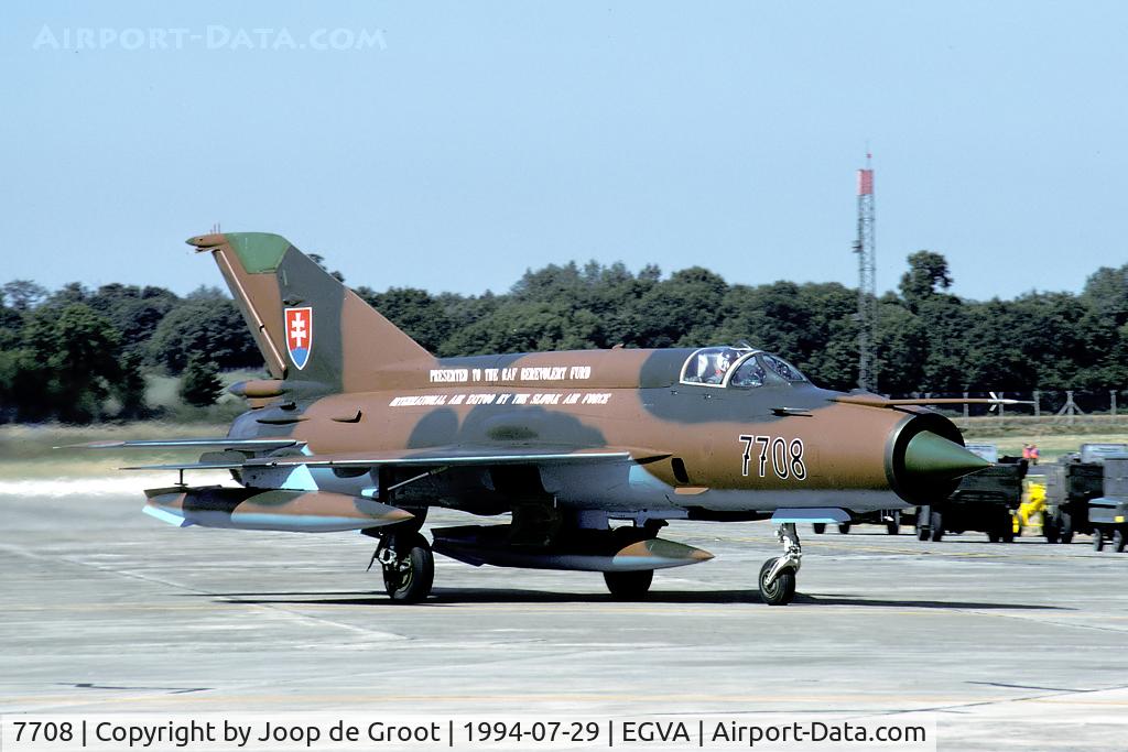 7708, Mikoyan-Gurevich MiG-21MF C/N 967708, As painted on the aircraft this MiG 21 was 'Presented to the RAF Benevolent Fund International Air Tattoo by the Slovak Air Force