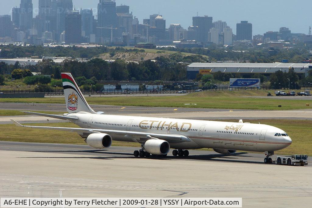 A6-EHE, 2007 Airbus A340-642X C/N 829, Ethiad A340 Series 600 pulled from maintenance against the Sydney backdrop