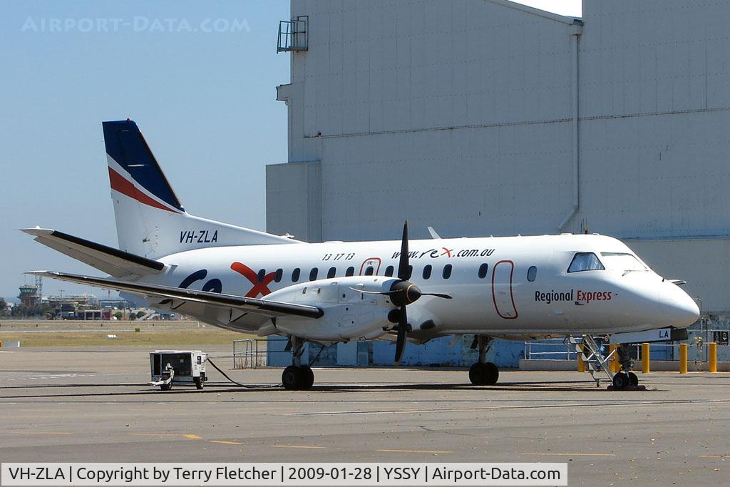 VH-ZLA, 1995 Saab SF340B C/N 340B-371, Rex SF340 in maintenance area at Sydney