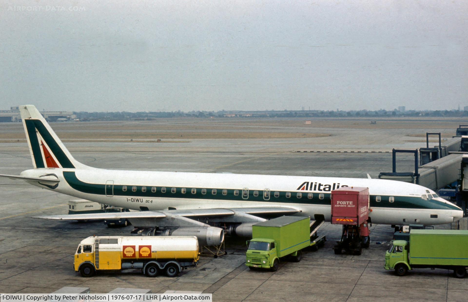 I-DIWU, 1961 Douglas DC-8-43 C/N 45624, In service with Alitalia - fleet name Giovanni Caboto - as seen at London Heathrow in the Summer of 1976.